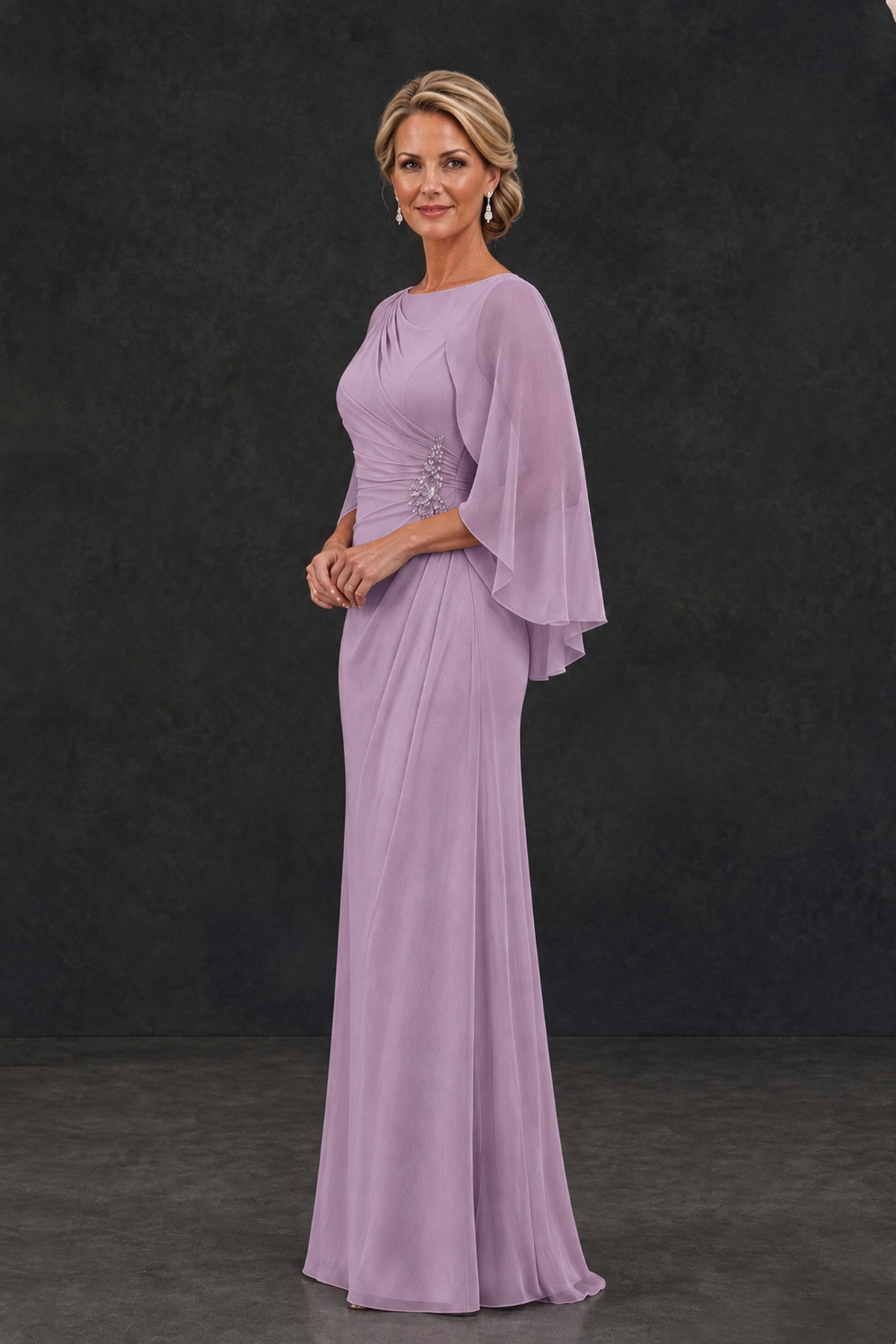 BOLODOO Dusty Purple Cape Sleeve Mother of the Bride Dress with Ruched Waist - Dusty Purple - Dusty Purple_3