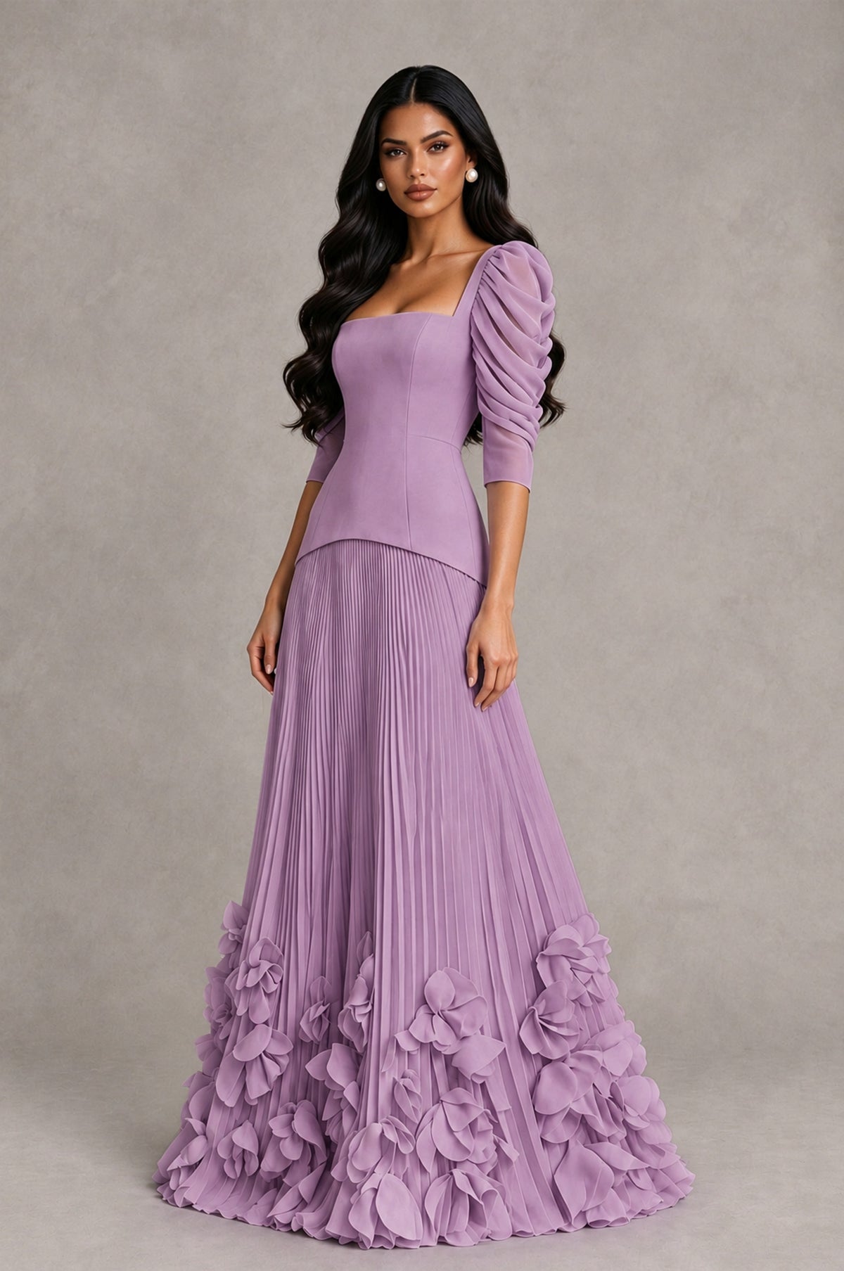 BOLODOO Dusty Purple Square Neck Pleated Floral Applique Evening Dress - Dusty Purple - Dusty Purple_3