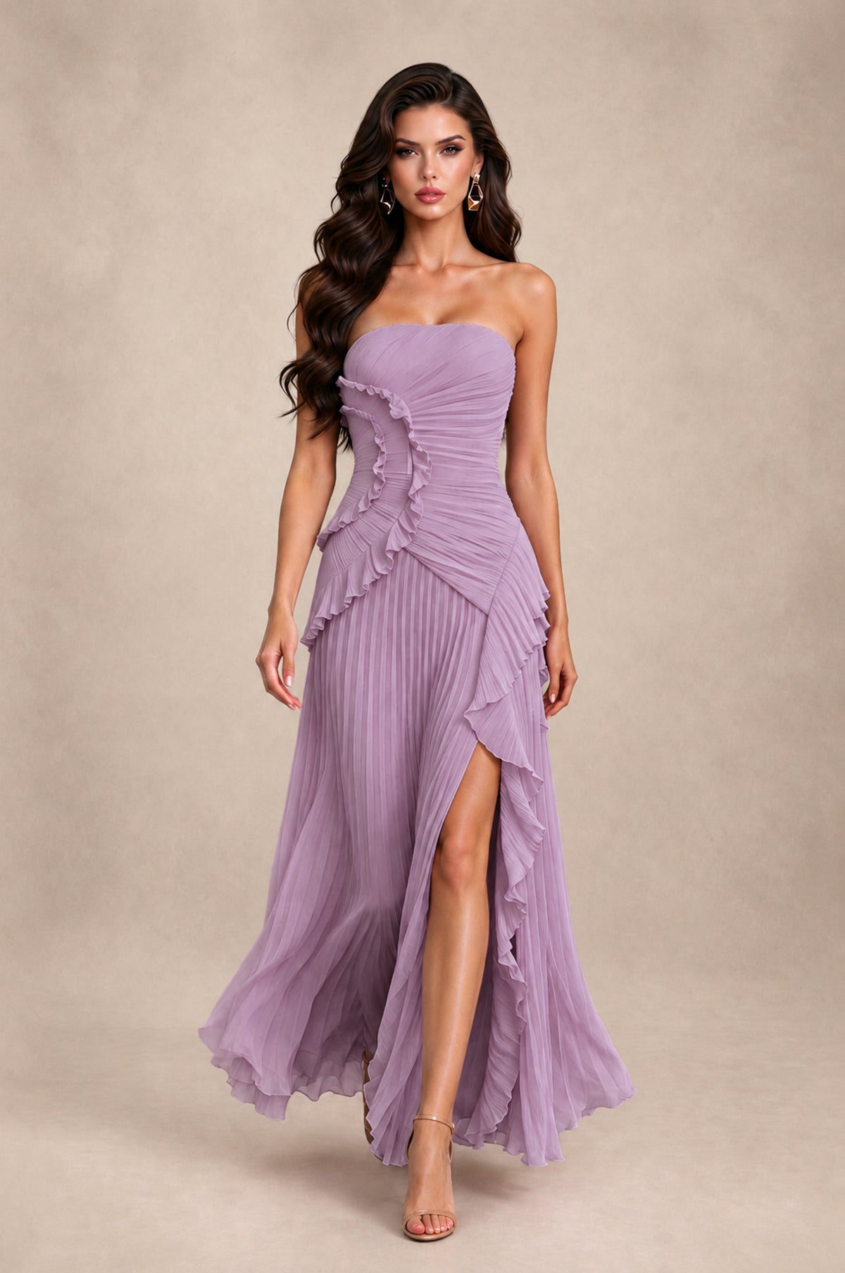 BOLODOO Dusty Purple Strapless Ruffle Pleated Slit Evening Gown - Dusty Purple - Dusty Purple_3