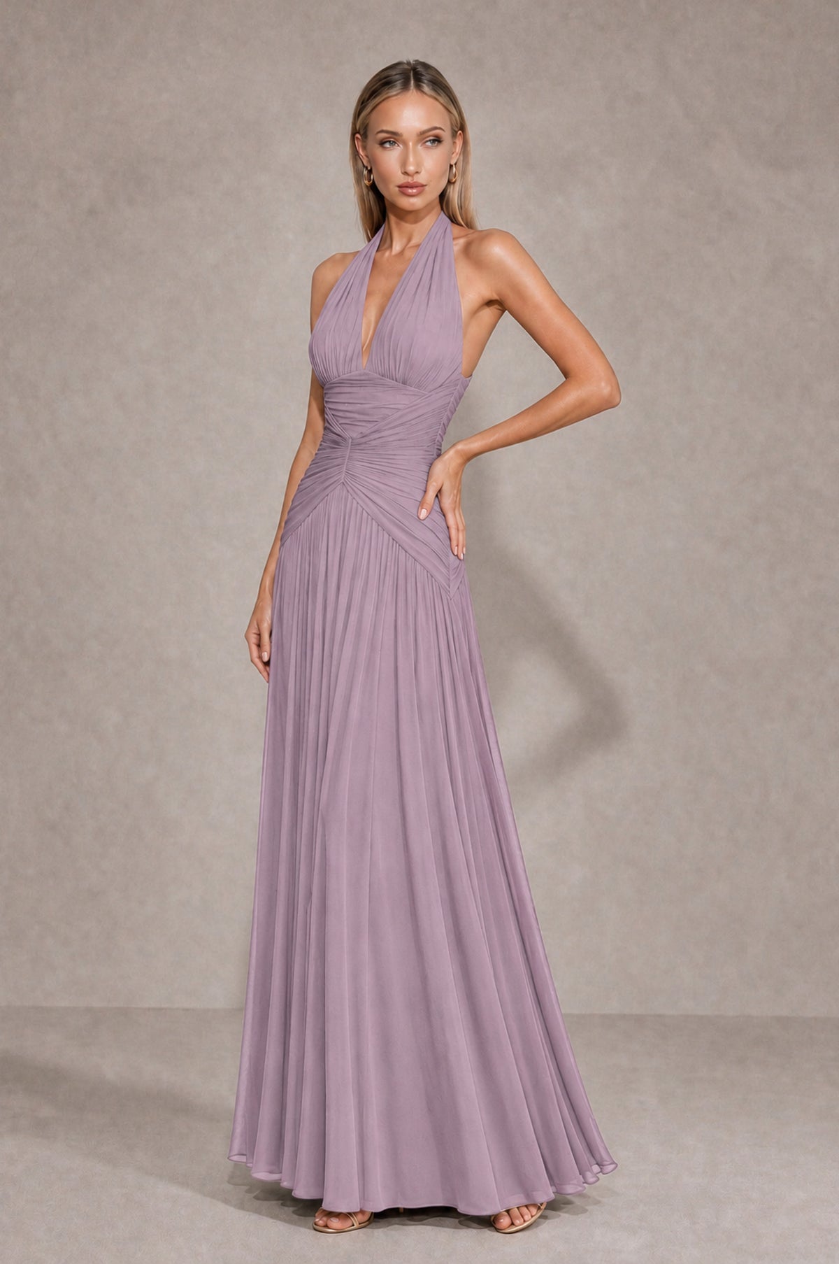 BOLODOO Dusty Purple Chiffon Halter Deep V-Neck Ruched A-Line Backless Maxi Dress with Train-BD0167 - Dusty Purple - Dusty Purple_3