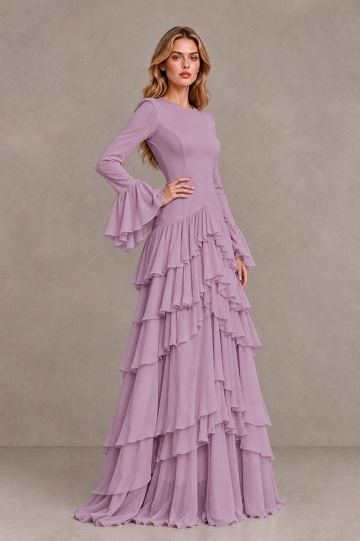 Dusty Purple Long Sleeve Tiered Ruffle Evening Gown - Dusty Purple - Dusty Purple_3