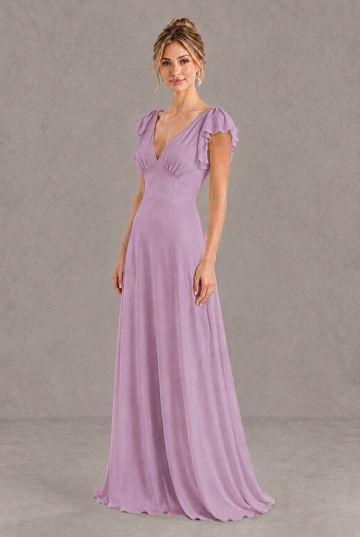 BOLODOO Dusty Purple V-Neck Flutter Sleeve A-Line Bridesmaid Dress - Dusty Purple - Dusty Purple_3