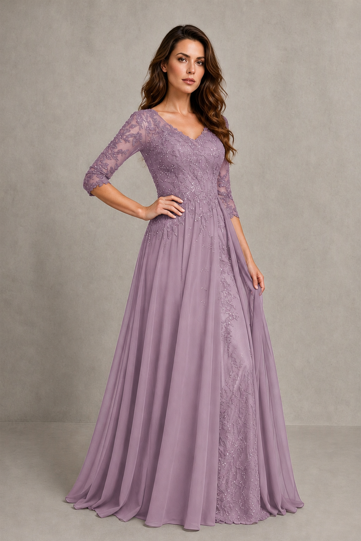 BOLODOO Midnight Dusty Purple Beaded Lace Appliqué Chiffon A-Line Gown | Mother of the Bride & Formal Evening Dress - Dusty Purple - Dusty Purple_3