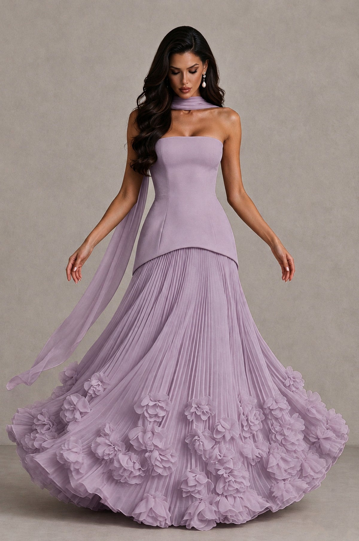 BOLODOO Dusty Purple Strapless Pleated Floral Hem Evening Gown - Dusty Purple - Dusty Purple_3