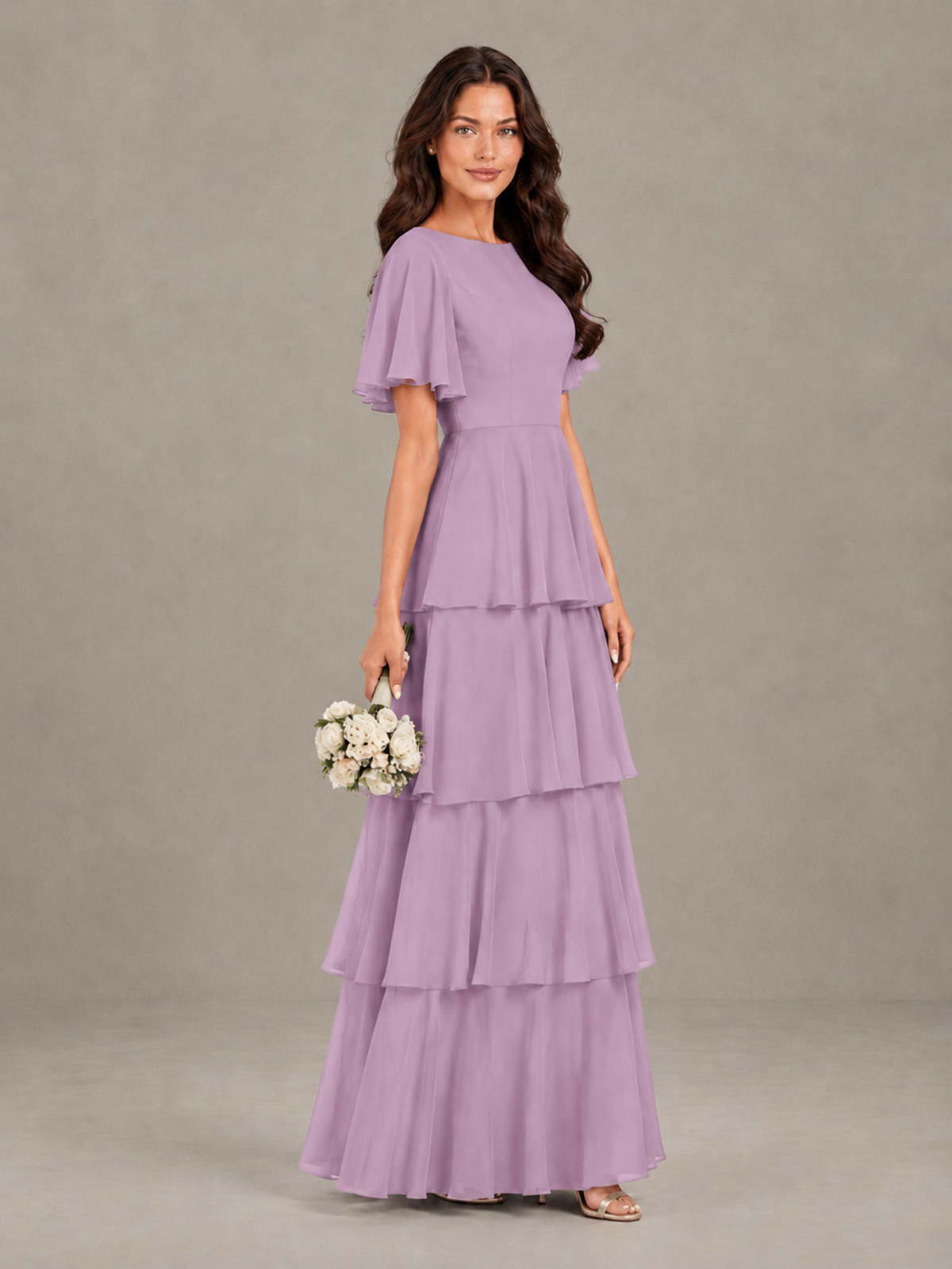 BOLODOO Dusty Purple Tiered Flutter Sleeve Bridesmaid Dress - Dusty Purple - Dusty Purple_3