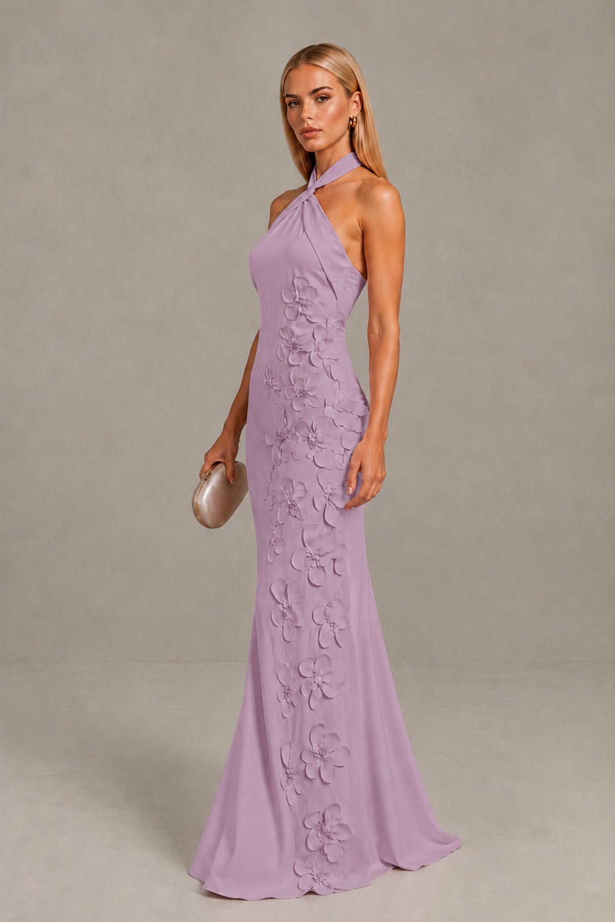 BOLODOO Dusty Purple Cross Halter Neck 3D Floral Appliqué Backless Mermaid Maxi Gown - Dusty Purple - Dusty_Purple_3