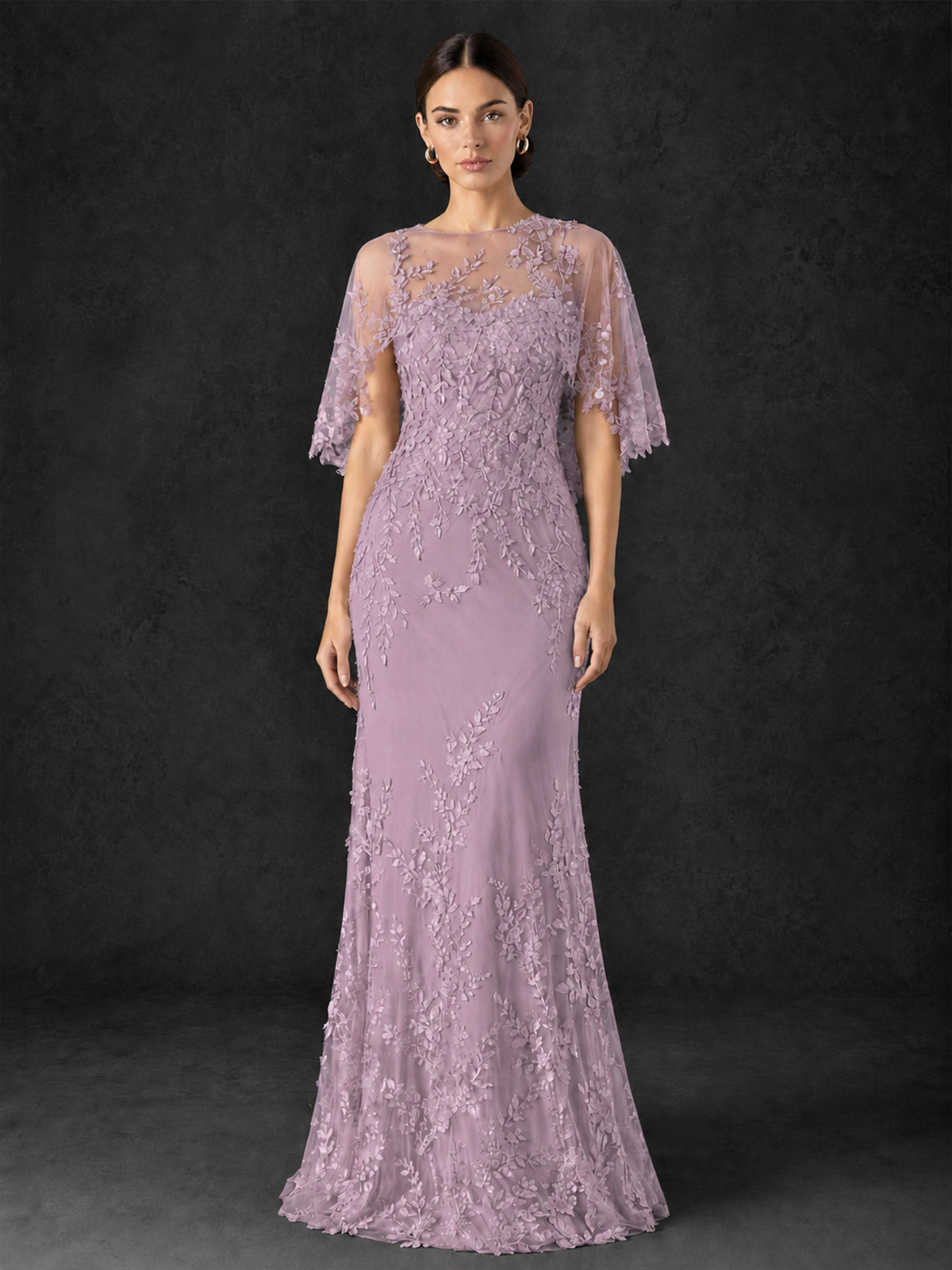 BOLODOO Dusty Purple Botanical Lace Flutter Sleeve Mermaid Gown - Dusty Purple - Dusty_Purple_3