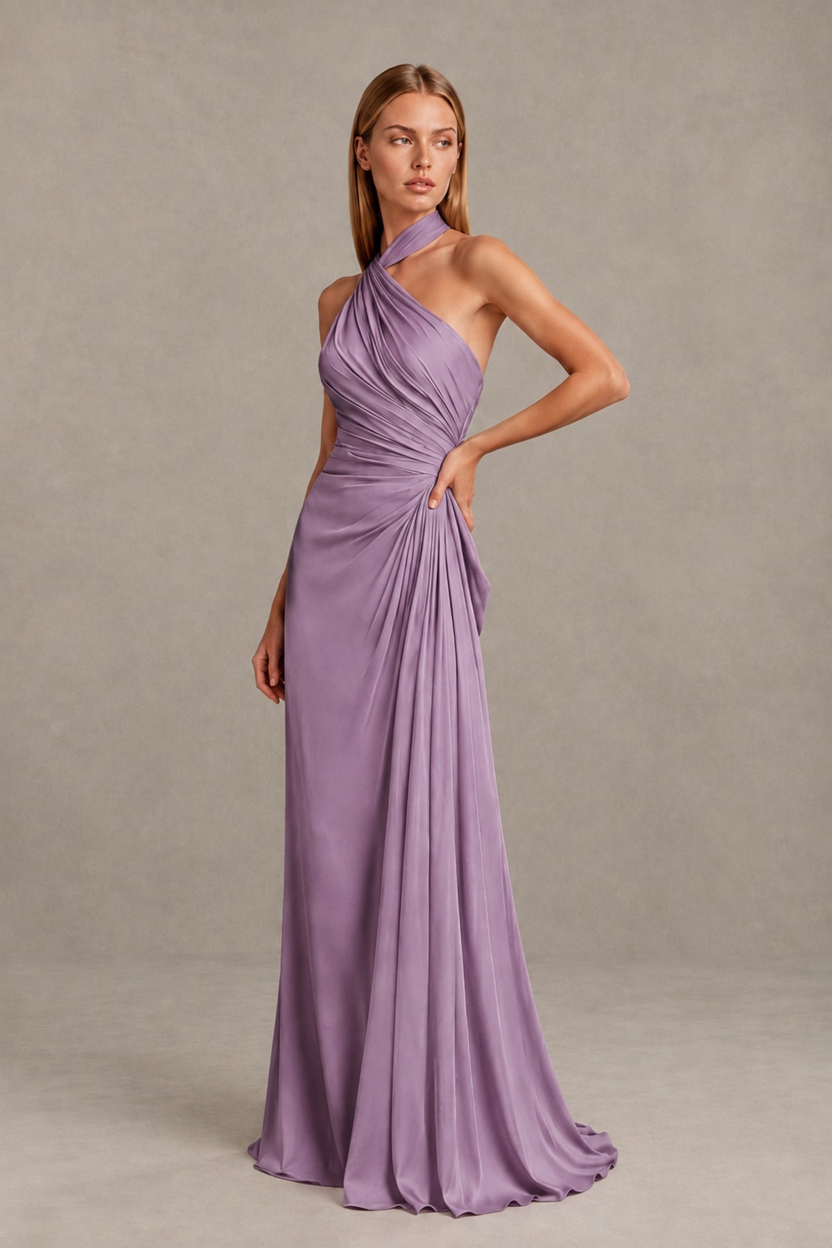 BOLODOO Dusty Purple Twisted Halter Neck Ruched Sleeveless Open Back Floor-Length Gown - Dusty Purple - Dusty_Purple_3
