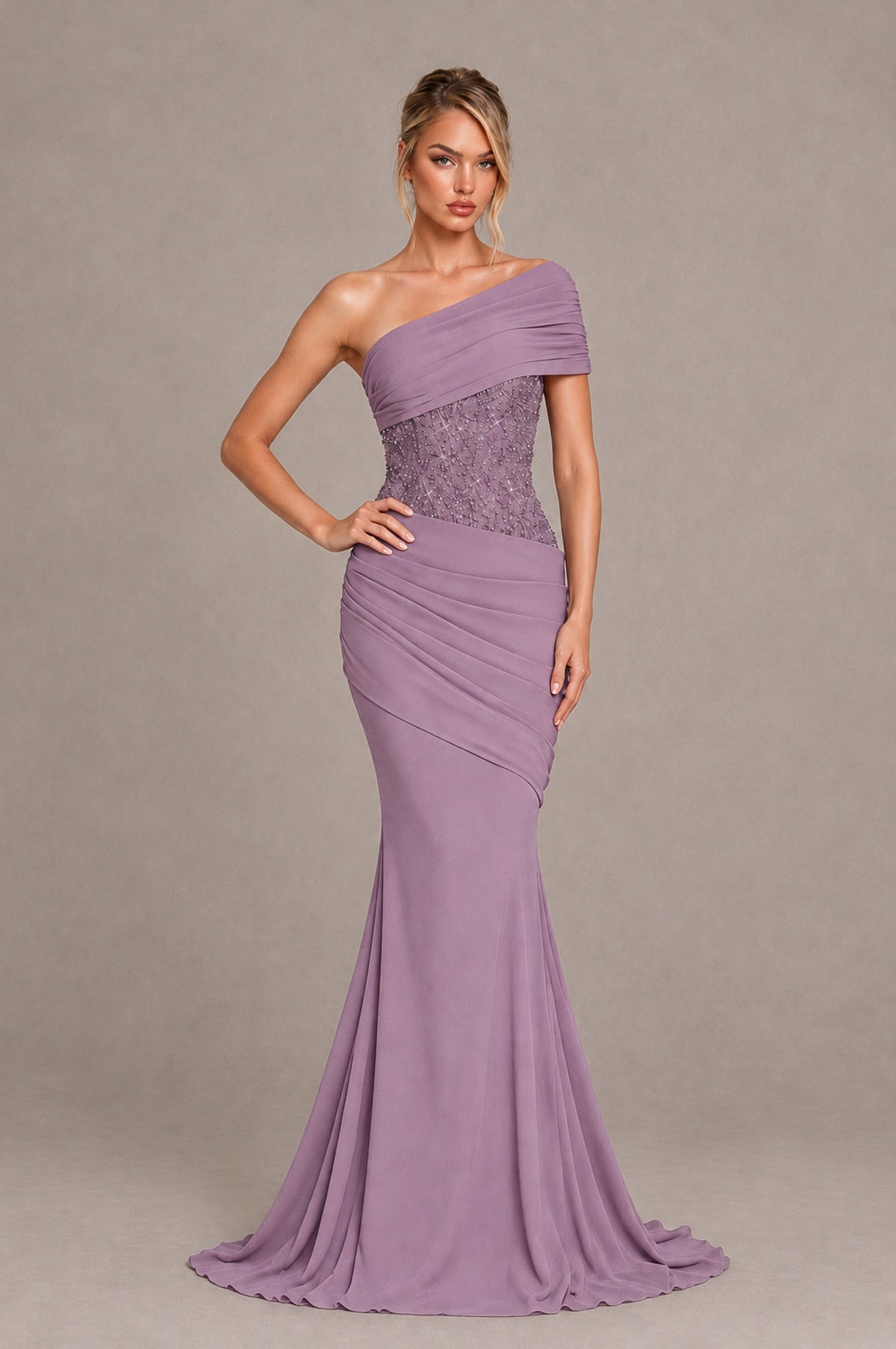 BOLODOO Dusty Purple One-Shoulder Sequin Embroidered Ruched Mermaid Gown with Train - Dusty Purple - Dusty Purple_3