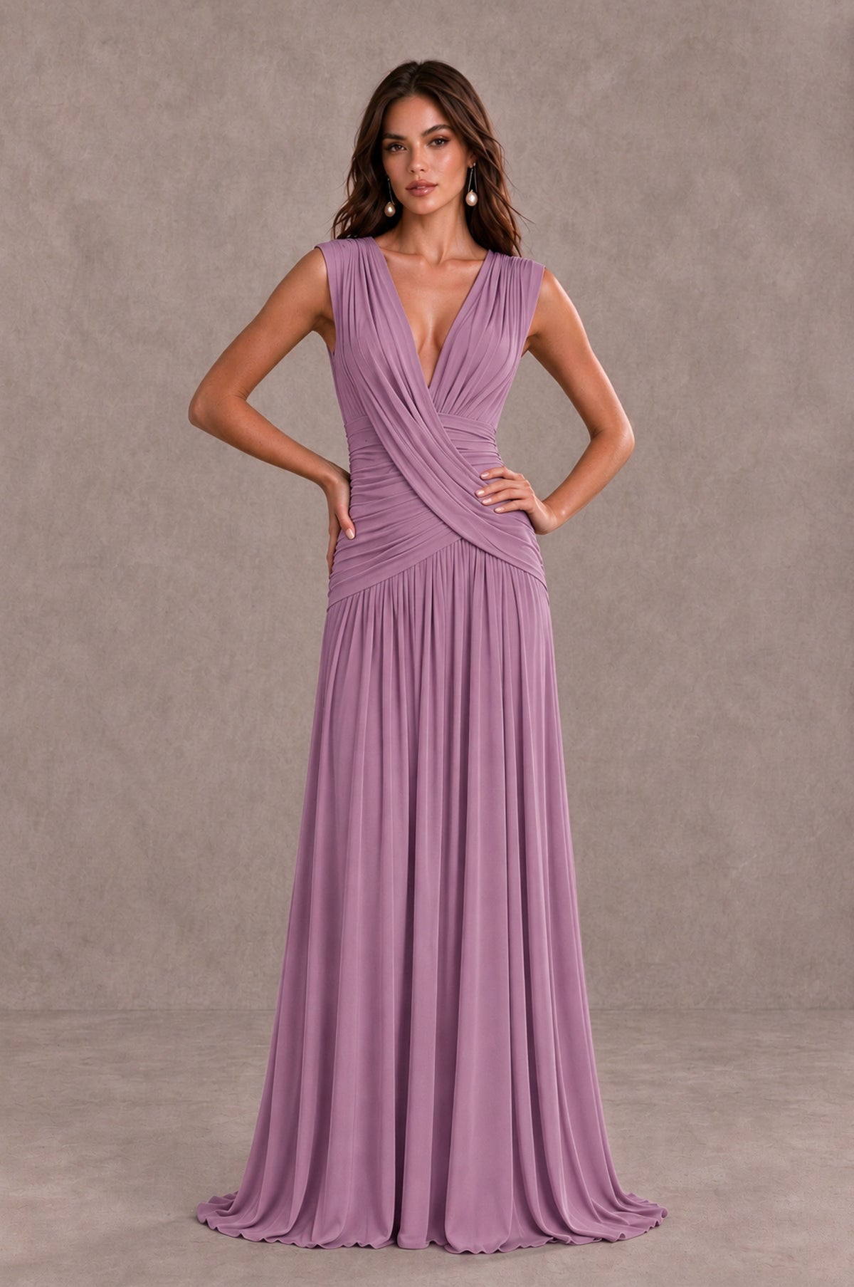 BOLODOO Dusty Purple V-Neck Ruched Wedding Guest Dress - Dusty Purple - Dusty Purple_3