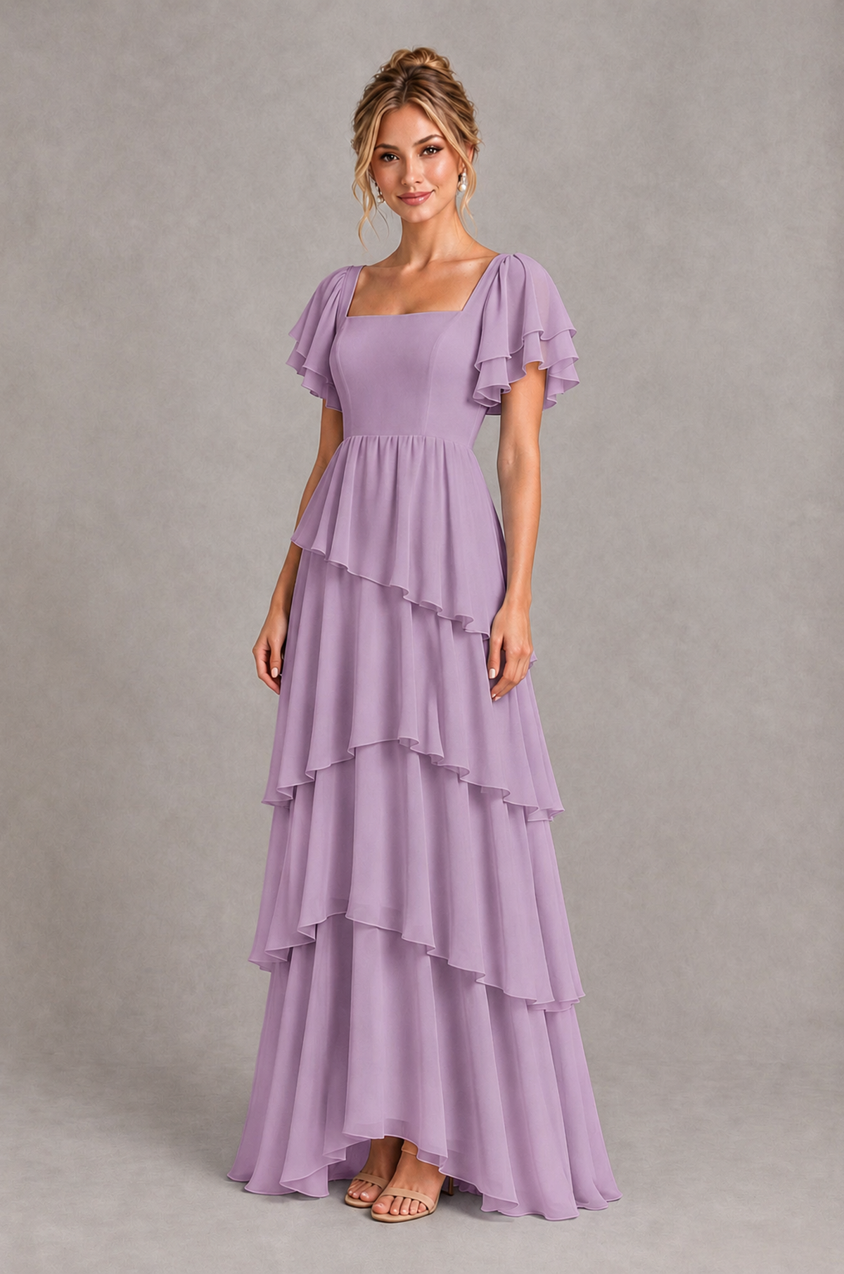 BOLODOO Dusty Purple Square Neck Flutter Sleeve Tiered Chiffon Bridesmaid Dress with Lace-Up Back - Dusty Purple - Dusty Purple_3