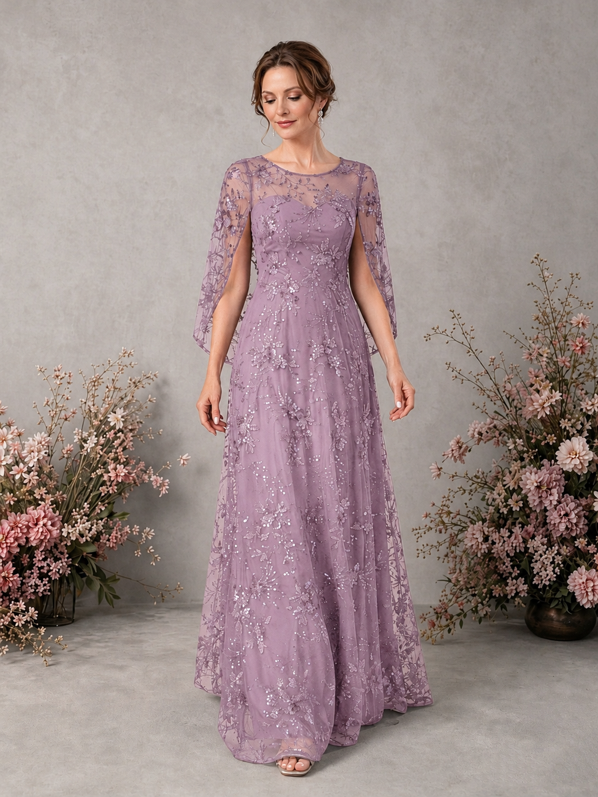 BOLODOO Dusty Purple Sequin Lace Cape Sleeve Formal Evening Gown - Dusty Purple - Dusty Purple_3