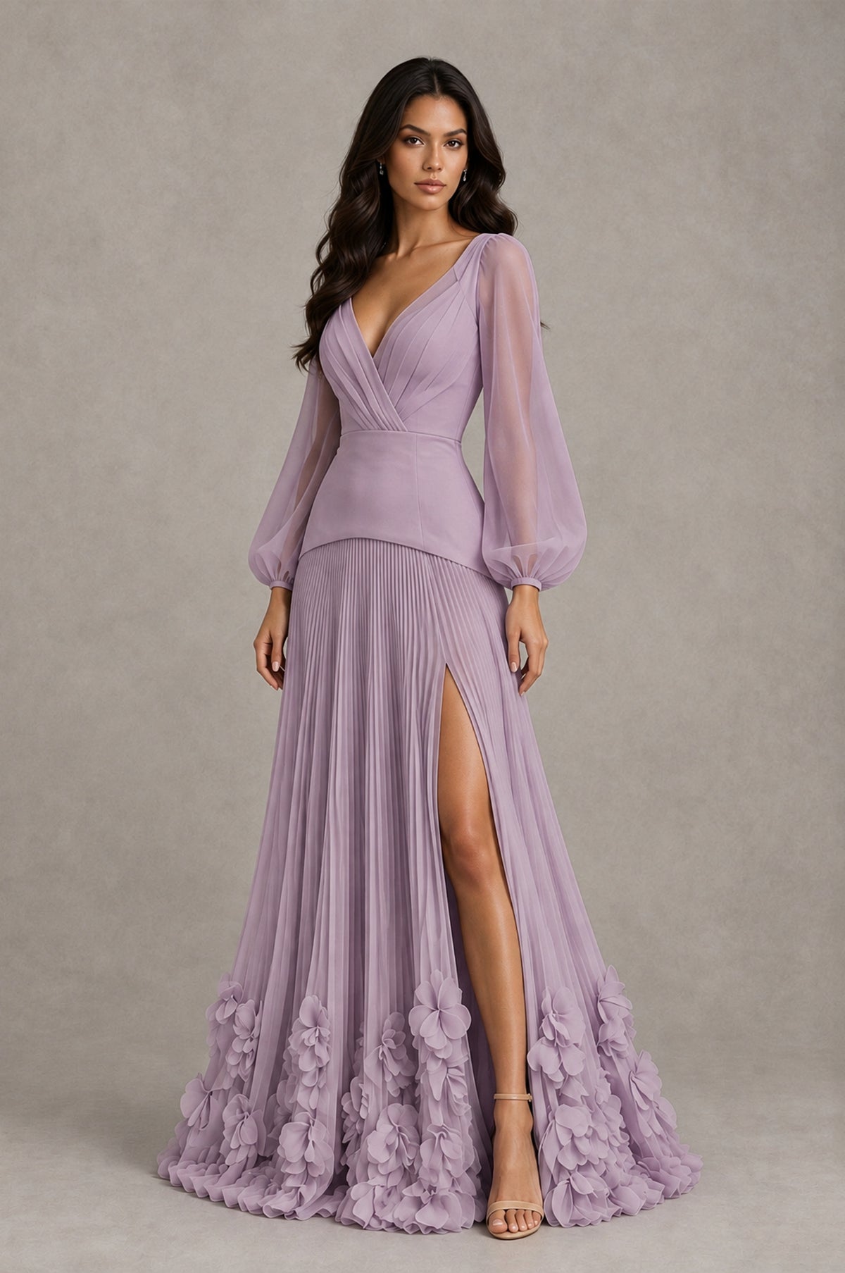 BOLODOO Dusty Purple V-Neck Long Sleeve Pleated Floral Hem Evening Dress - Dusty Purple - Dusty Purple_3