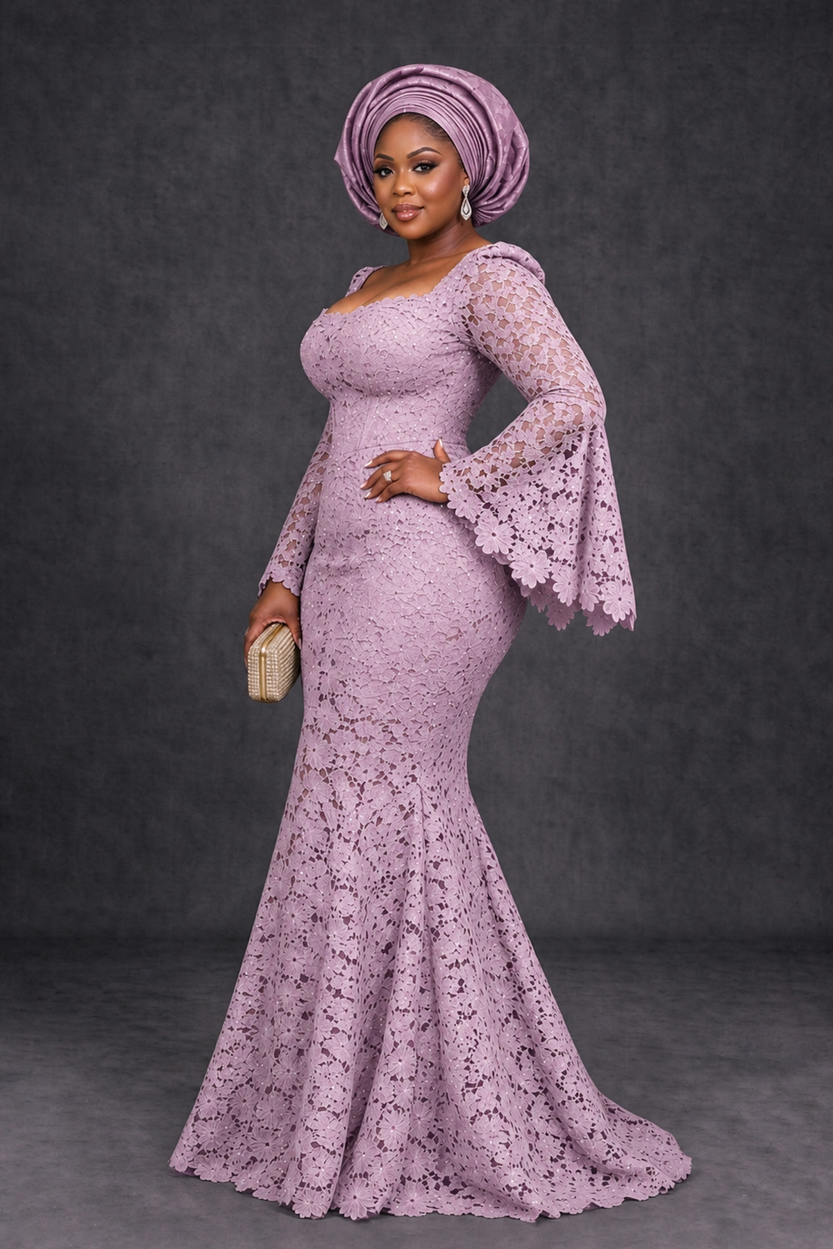 BOLODOO Dusty Purple African Lace Mermaid Dress, Plus Size Nigerian Wedding Guest Gown with Bell Sleeves - Dusty Purple - Dusty Purple_3