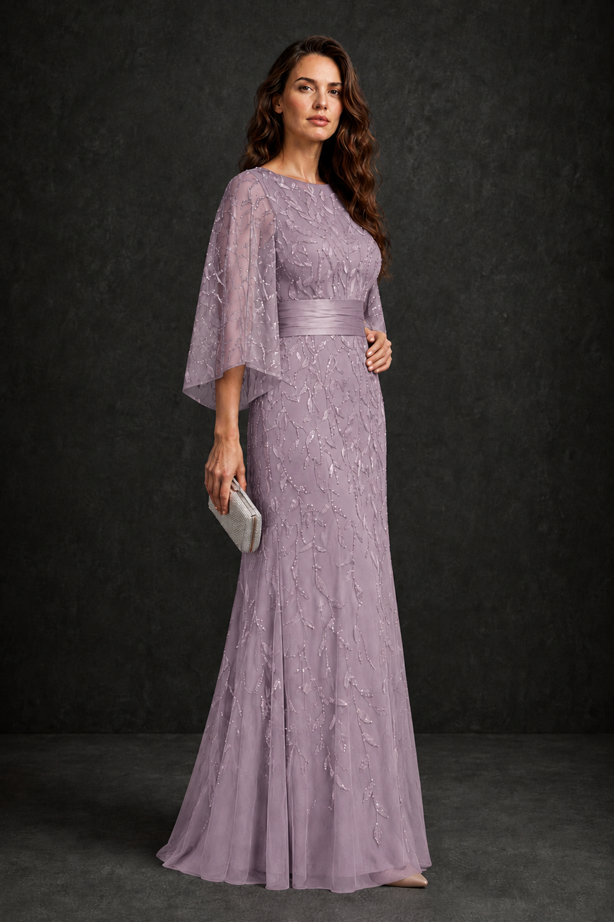 BOLODOO Dusty Purple Bateau Neck Bell Sleeve Sequin Embroidered Satin Waist A-Line Maxi Dress - Dusty Purple - Dusty_Purple_3