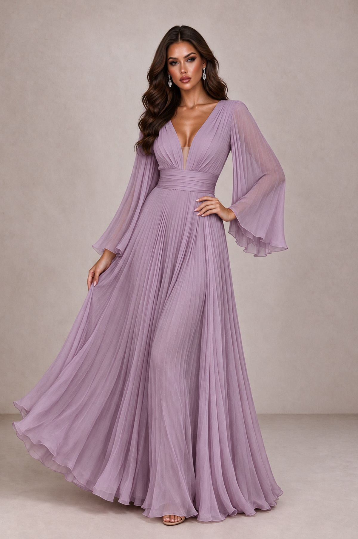 BOLODOO Dusty Purple Pleated Deep V-Neck Long Bell Sleeve Evening Dress - Dusty Purple - Dusty_Purple_3