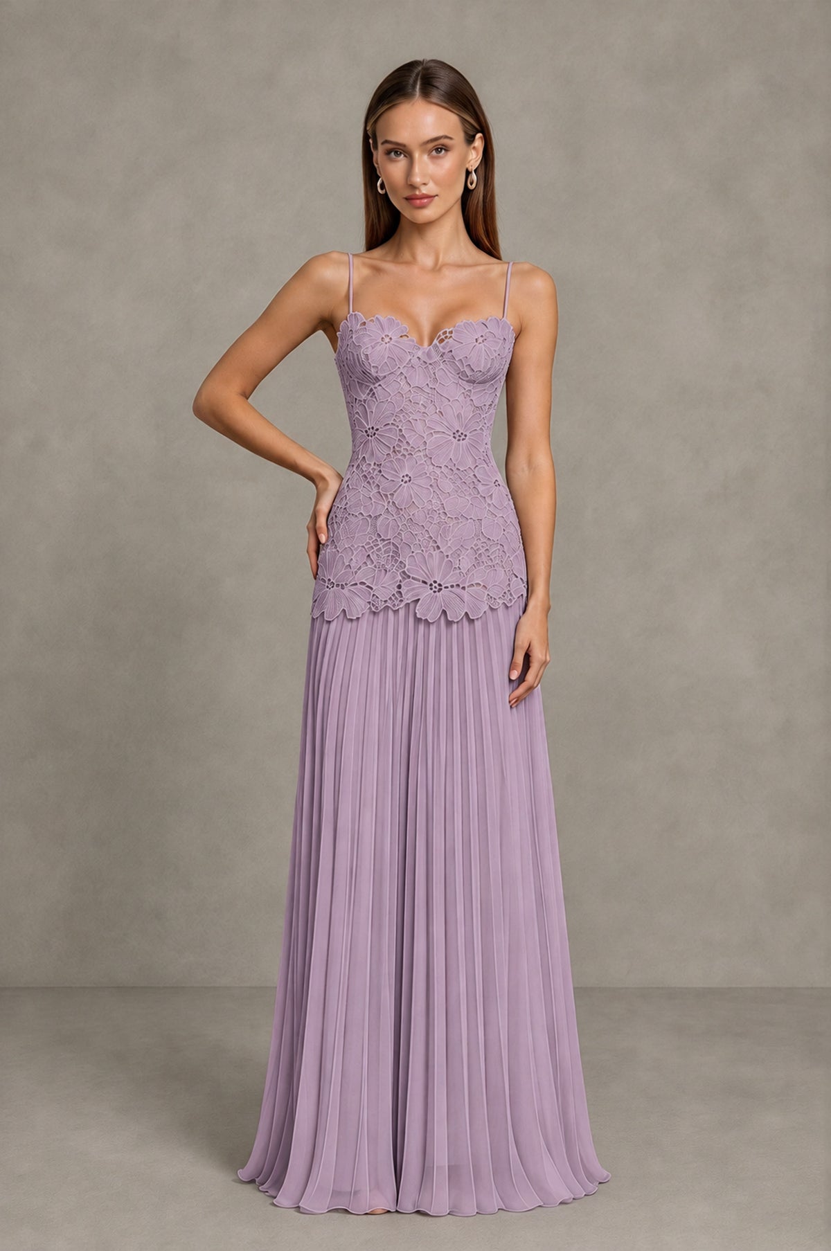 BOLODOO Dusty Purple Lace Bodice Pleated Wedding Guest Dress - Dusty Purple - Dusty Purple_3