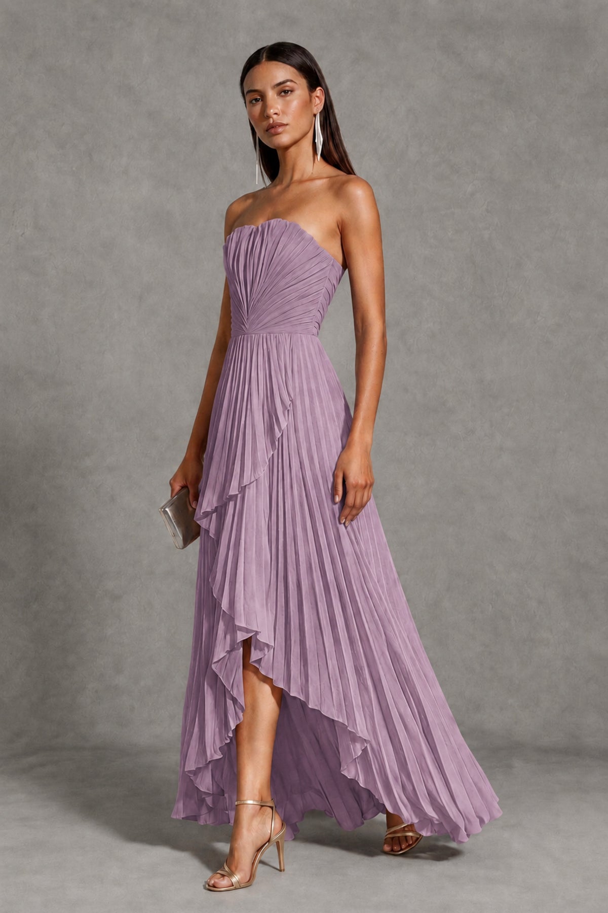 Dusty Purple Strapless Pleated High-Low Evening Gown with Ruffle Hem - Dusty Purple - Dusty_Purple_3