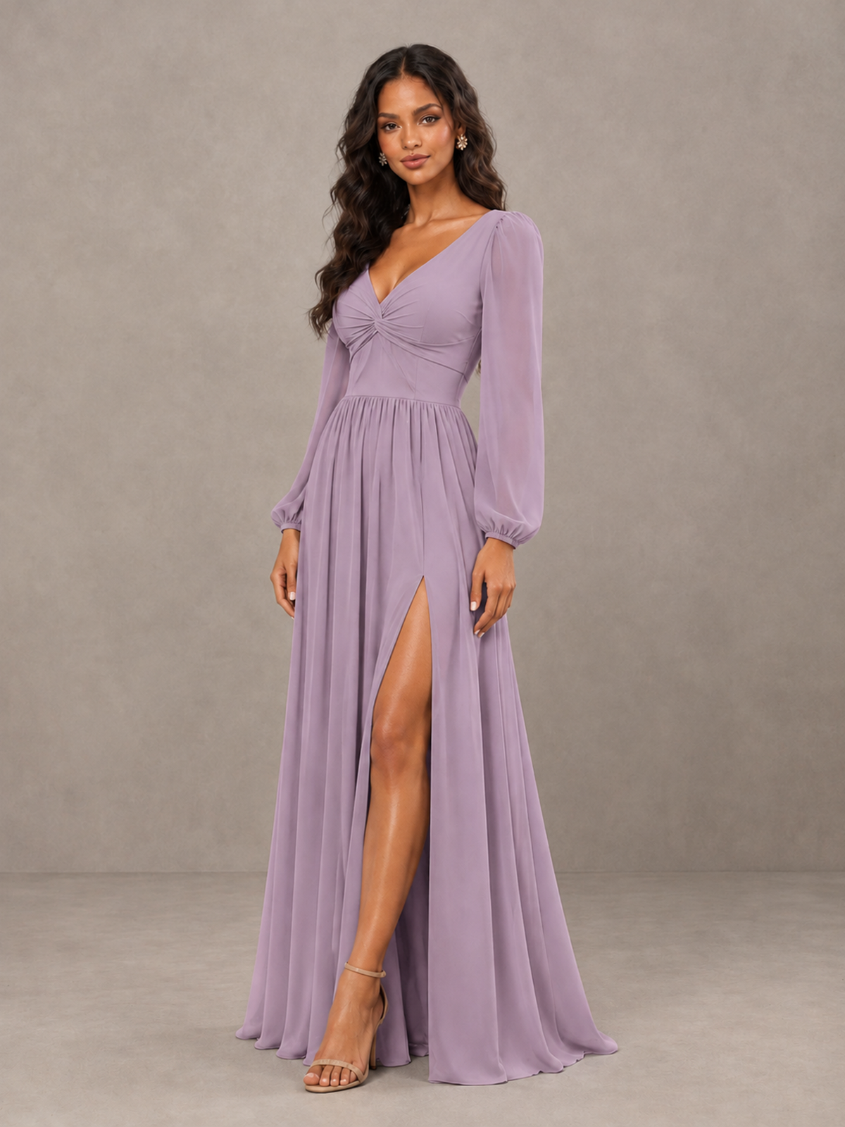 BOLODOO Dusty Purple V-Neck Long Sleeve Bridesmaid Dress with Tie Back and Slit - Dusty Purple - Dusty Purple_3