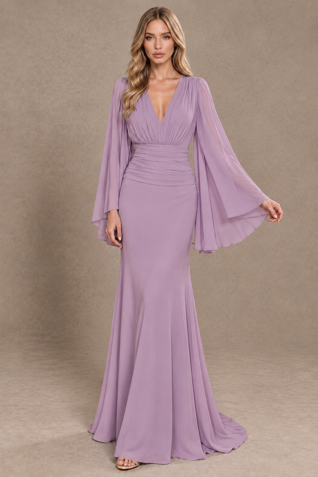 BOLODOO Dusty Purple Cape Sleeve V-Neck Ruched Chiffon Evening Dress - Dusty Purple - Dusty Purple_3