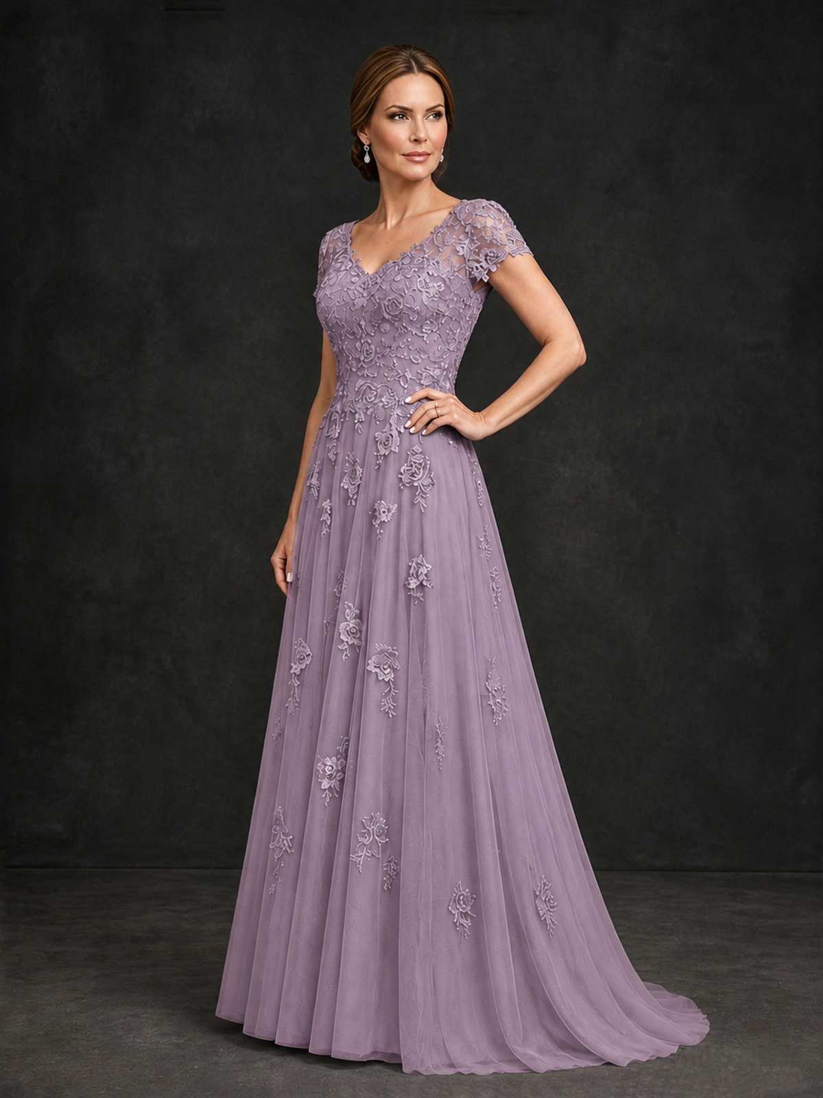 BOLODOO Dusty Purple Cap Sleeve Lace Appliqué A-Line Formal Gown | Mother of the Bride Dress - Dusty Purple - Dusty Purple_3