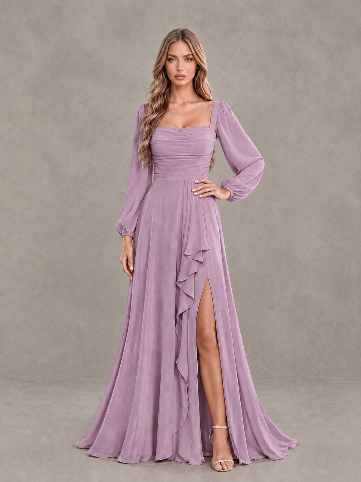 BOLODOO Dusty Purple Square Neck Long Sleeve Bridesmaid Dress with Ruffle Slit - Dusty Purple - Dusty Purple_3
