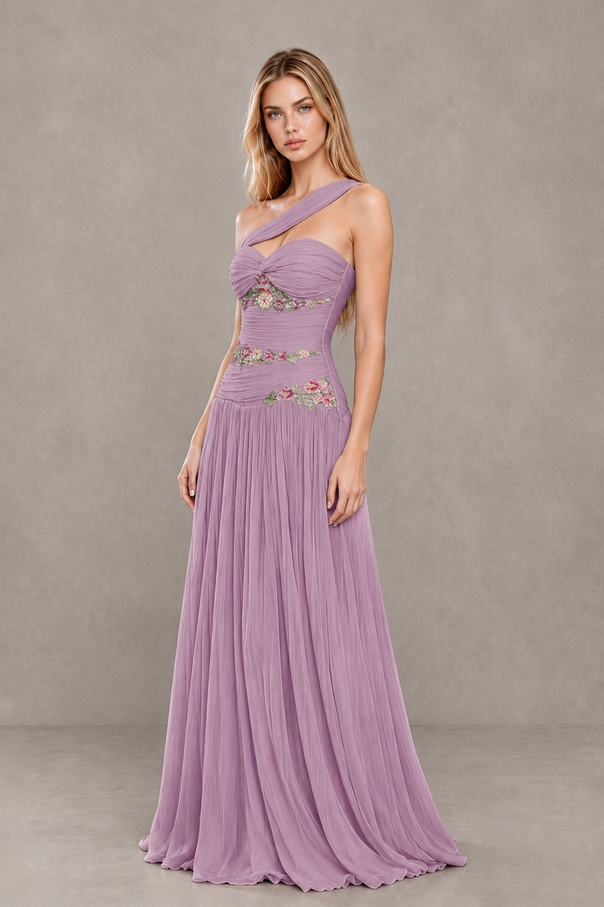 BOLODOO Dusty Purple One-Shoulder Floral Applique A-Line Evening Dress - Dusty Purple - Dusty Purple_3