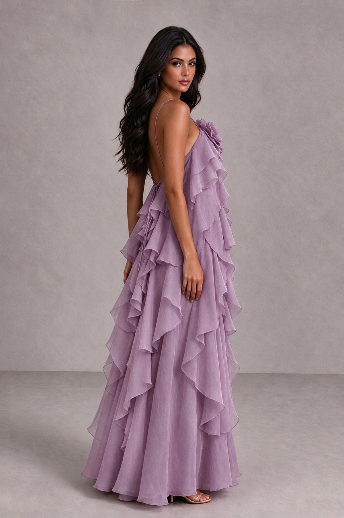 BOLODOO Dusty Purple Cascading Ruffle Rosette Open-Back Maxi Dress - Dusty Purple - Dusty Purple_3