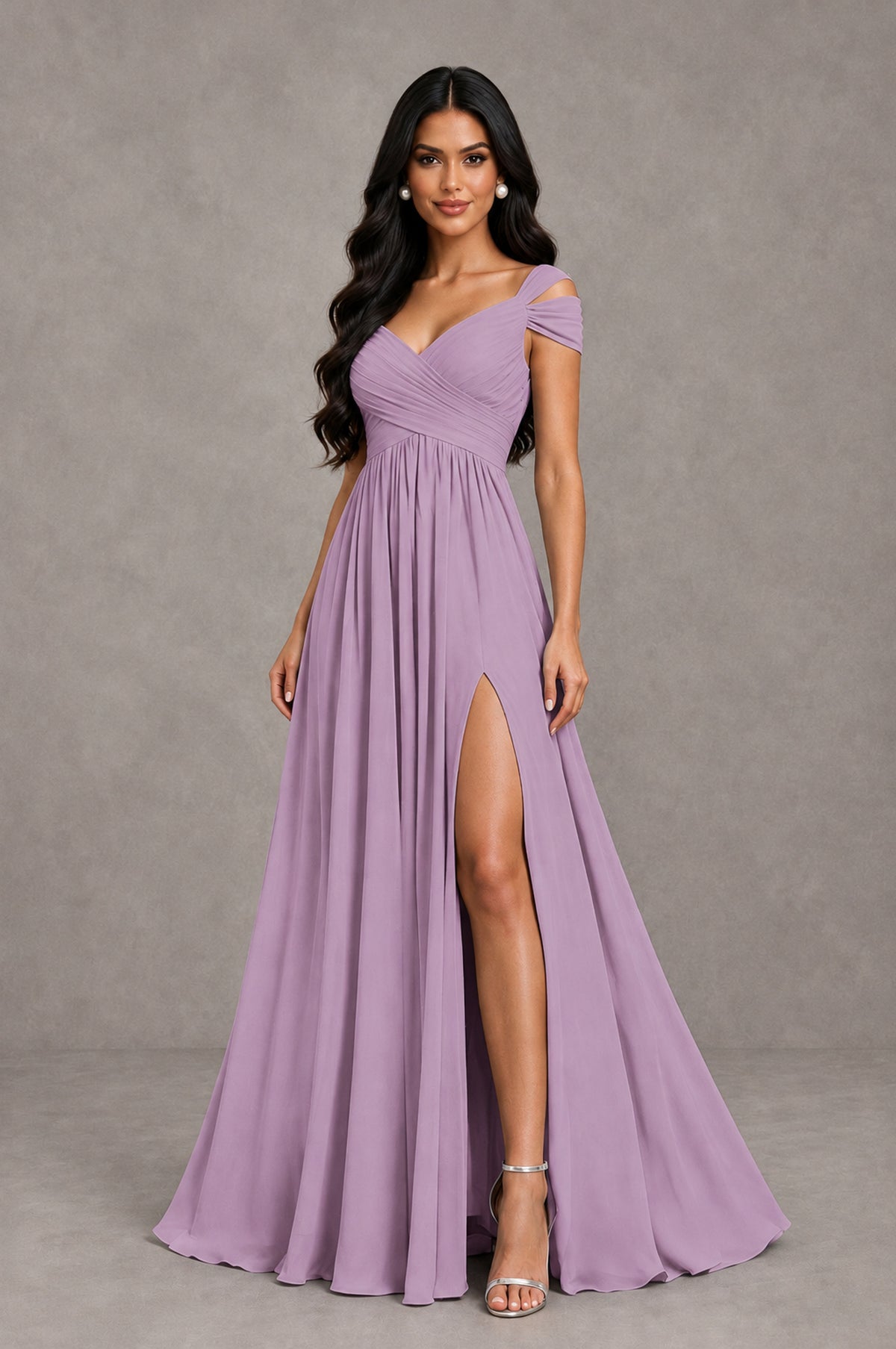 BOLODOO Dusty Purple Cold Shoulder Chiffon Evening Dress with V Neck and High Slit - Dusty Purple - Dusty Purple_3