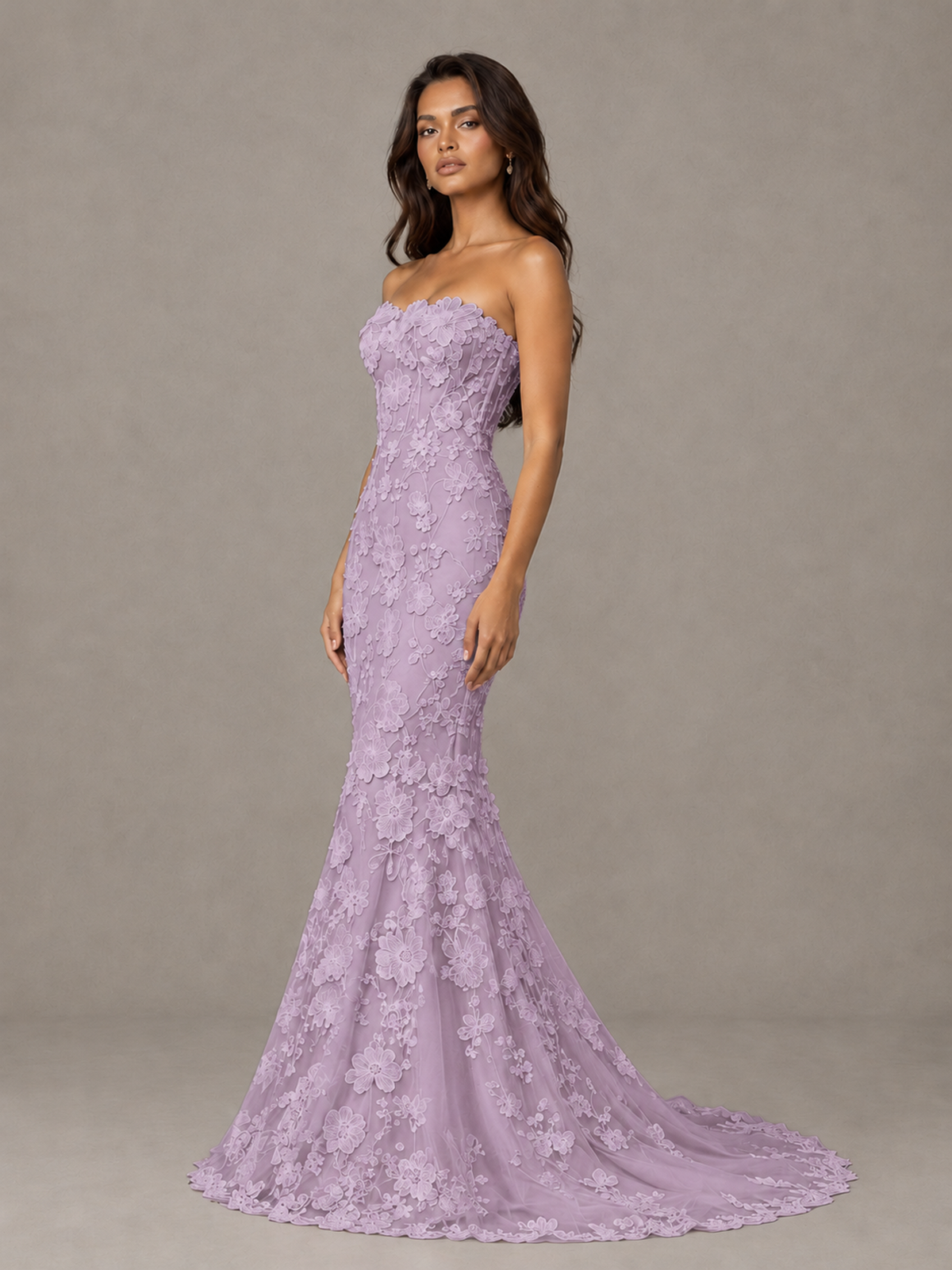 BOLODOO Dusty Purple Strapless 3D Floral Lace Mermaid Prom Dress with Train - Dusty Purple - Dusty Purple_3