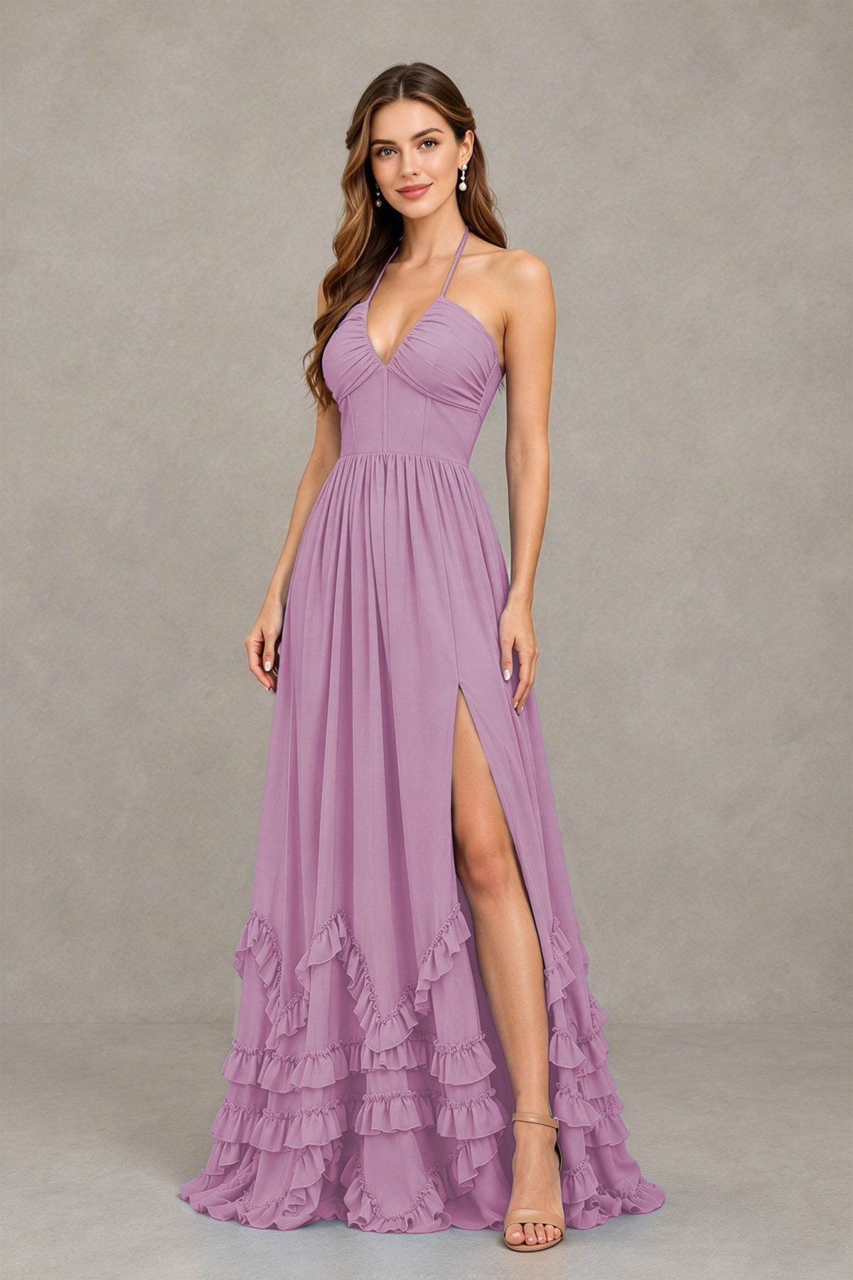BOLODOO Dusty Purple Halter Ruffle Hem A-Line Bridesmaid Dress with High Slit - Dusty Purple - Dusty Purple(3)
