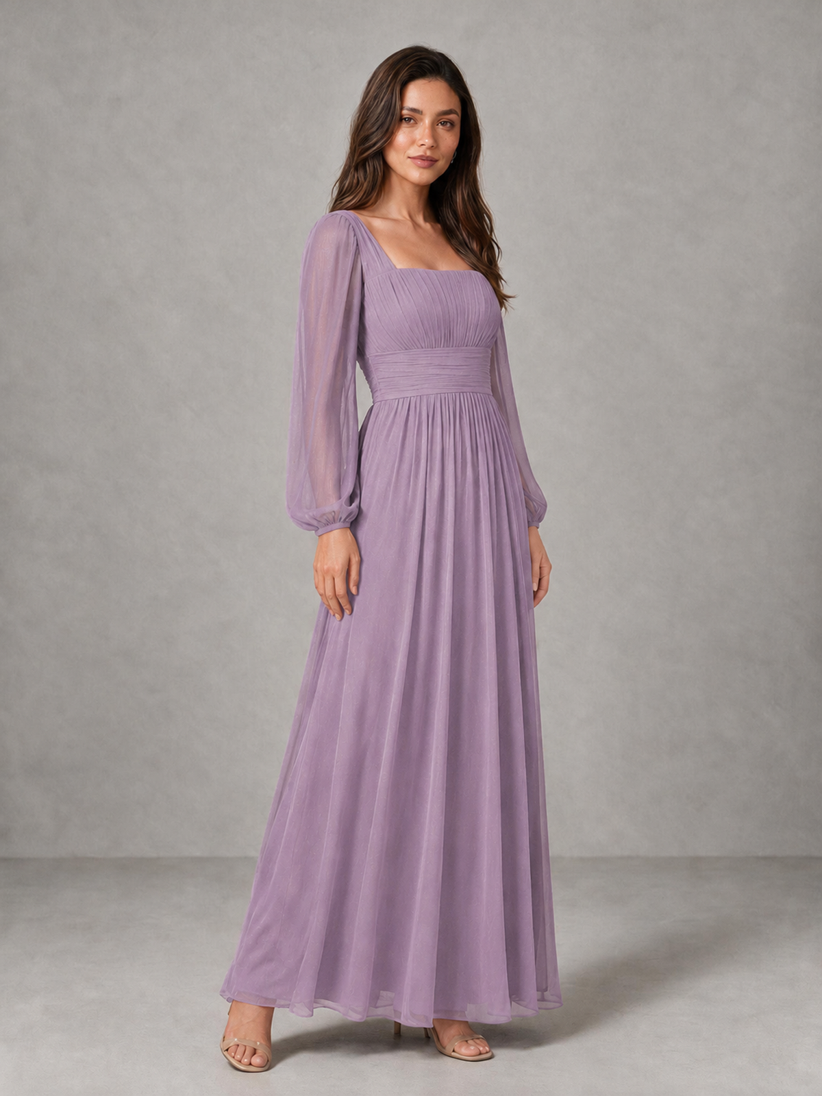 BOLODOO Dusty Purple Square Neck Long Sleeve Chiffon Bridesmaid Dress - Dusty Purple - Dusty Purple_3