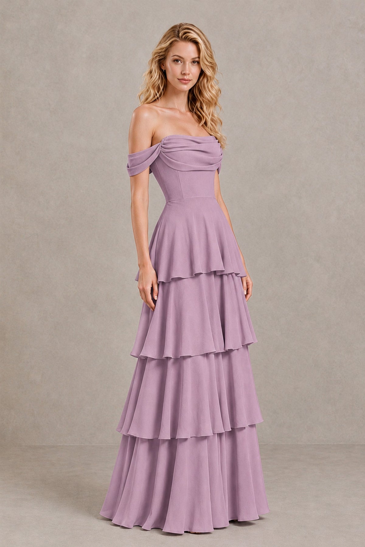 BOLODOO Dusty Purple Off-the-Shoulder Tiered A-Line Evening Bridesmaid Dress - Dusty Purple - Dusty Purple_3