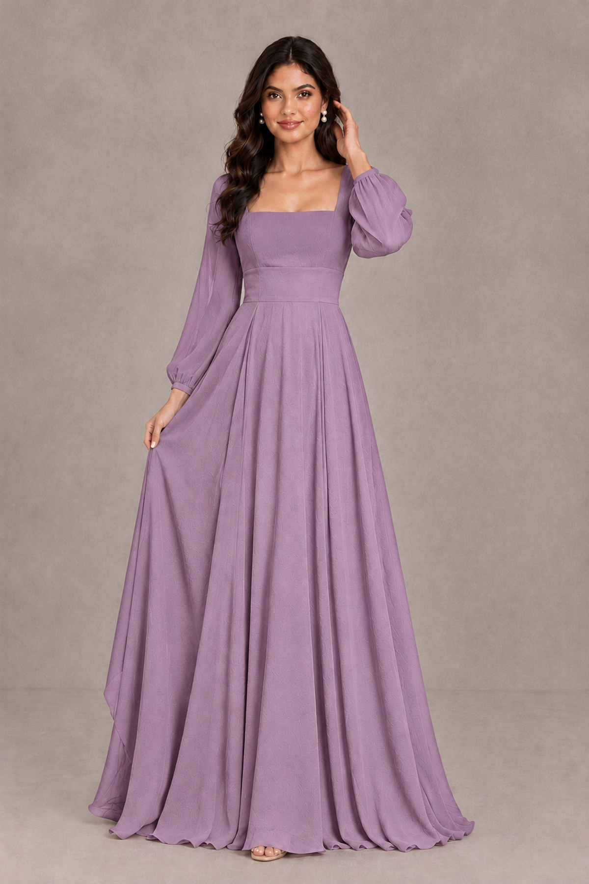 BOLODOO Dusty Purple Square Neck Long Sleeve A-Line Bridesmaid Dress - Dusty Purple - Dusty Purple_3