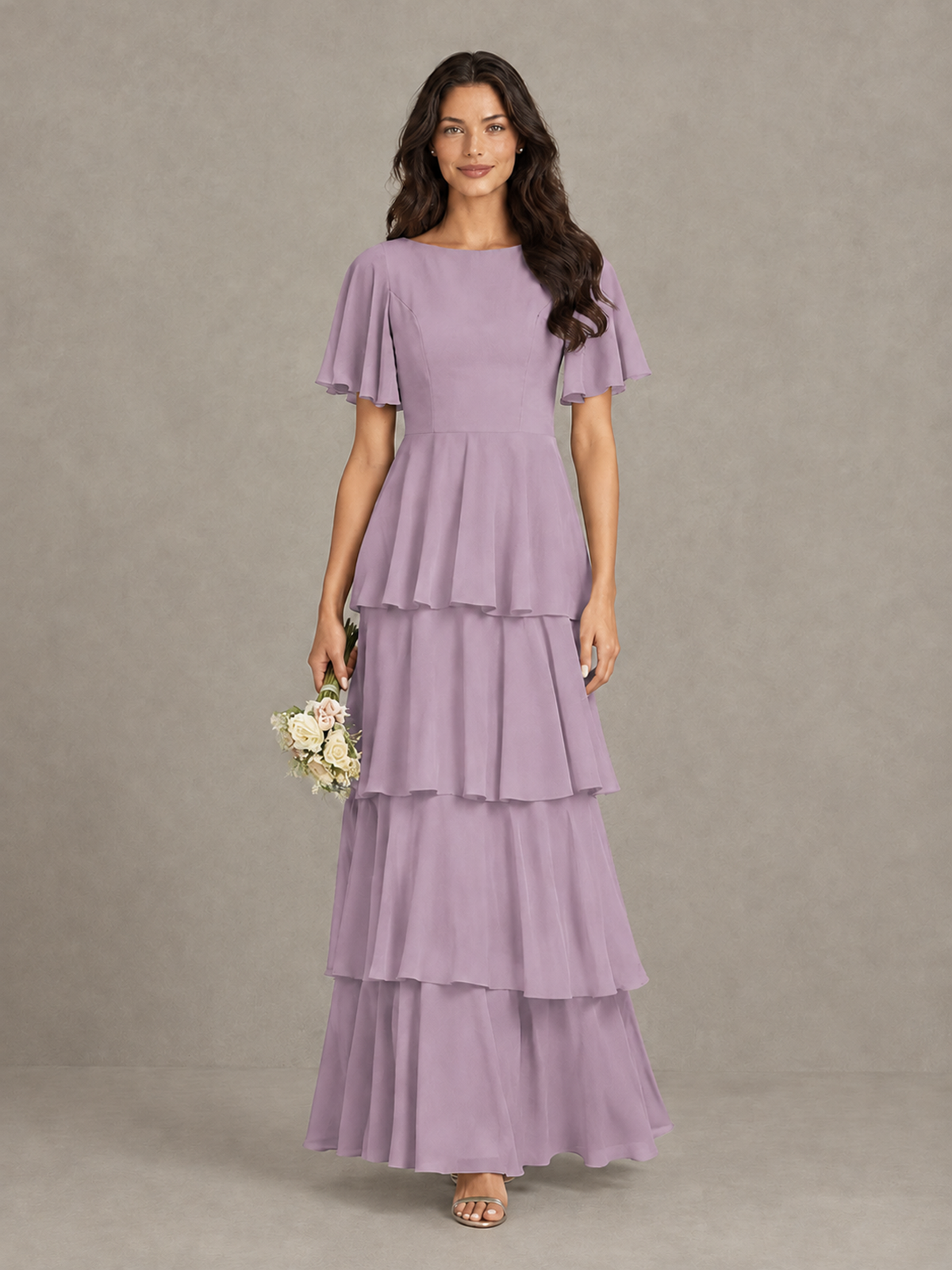 BOLODOO Dusty Purple Tiered Flutter Sleeve Bridesmaid Dress - Dusty Purple - Dusty Purple_4