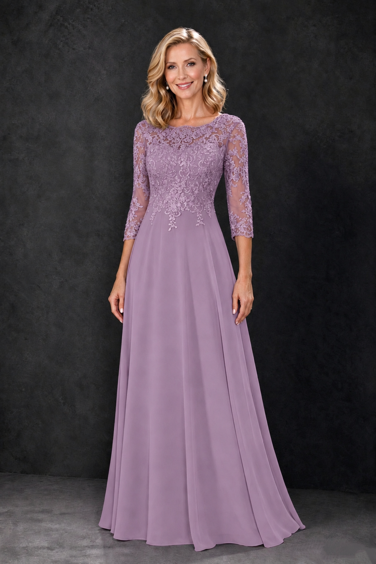 BOLODOO Dusty Purple Lace Embroidered Mother of the Bride Dress with 3/4 Sleeves - Dusty Purple - Dusty Purple_4