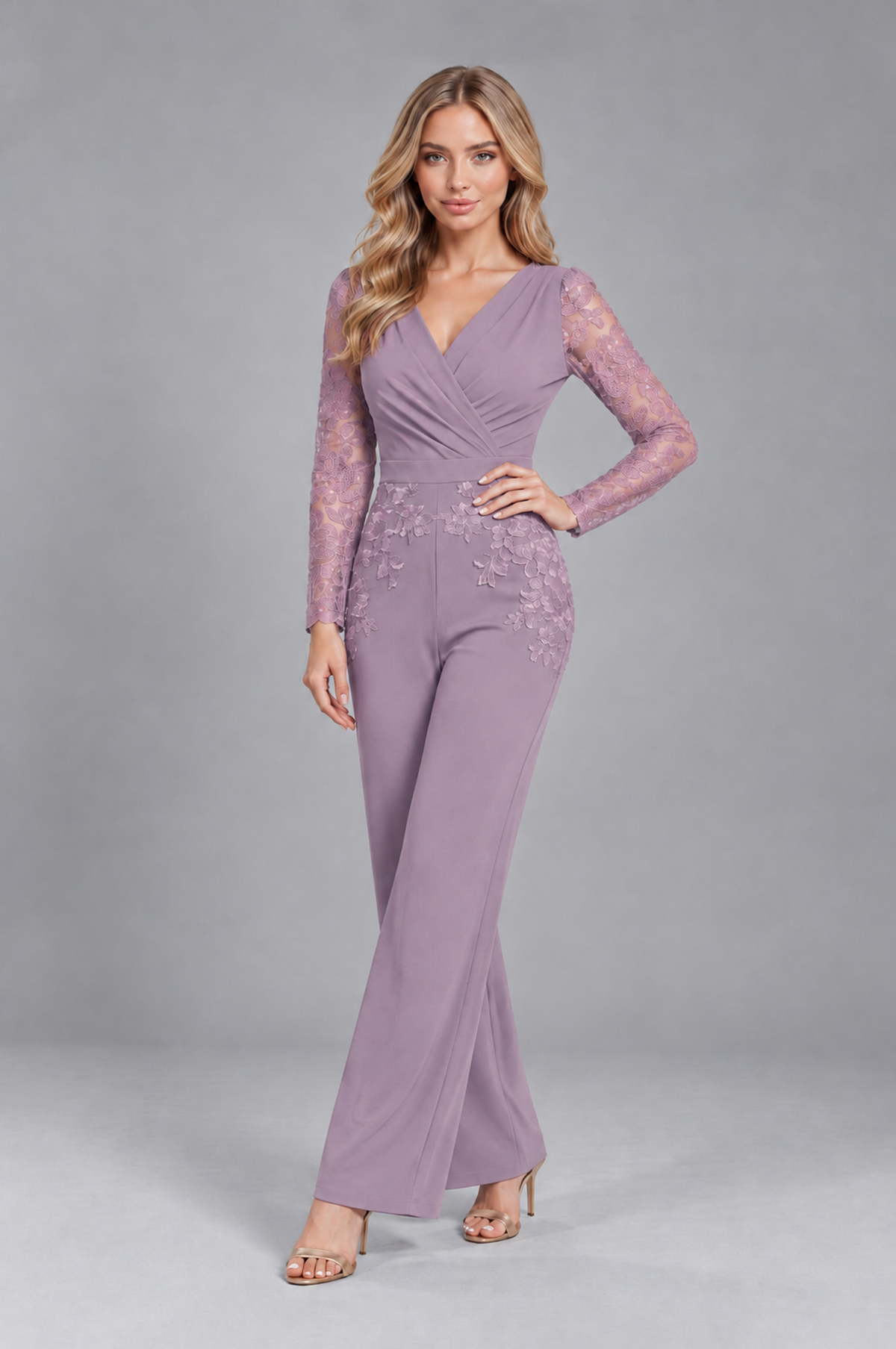 BOLODOO Dusty Purple Lace Long-Sleeve V-Neck Mother Pant Suit - Dusty Purple - Dusty Purple_4