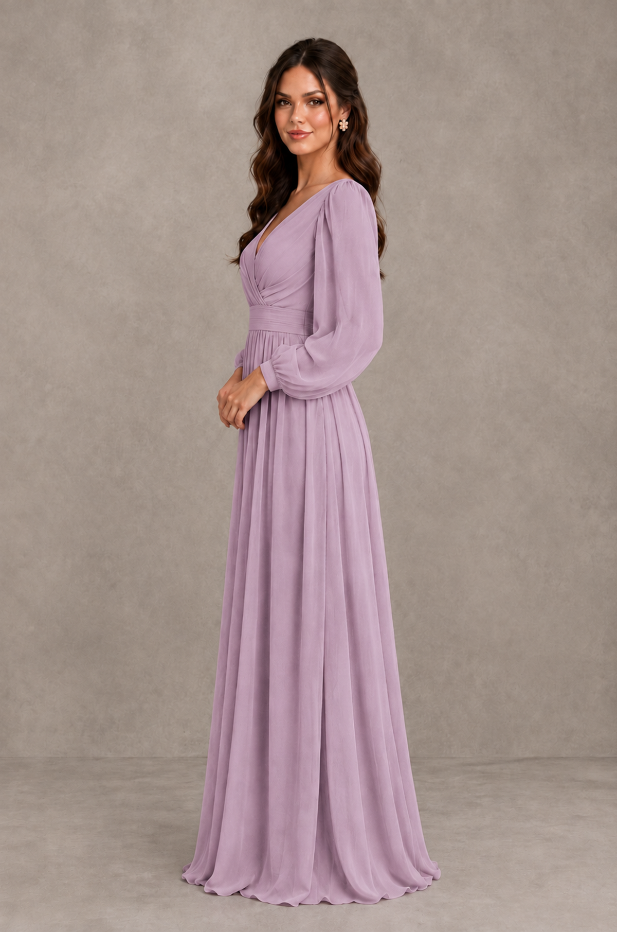 BOLODOO Dusty Purple Long Sleeve V-Neck A-Line Bridesmaid Dress - Dusty Purple - Dusty Purple_4