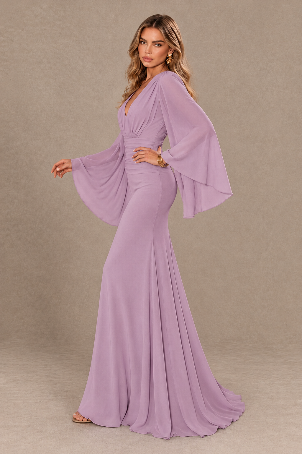 BOLODOO Dusty Purple Cape Sleeve V-Neck Ruched Chiffon Evening Dress - Dusty Purple - Dusty Purple_4