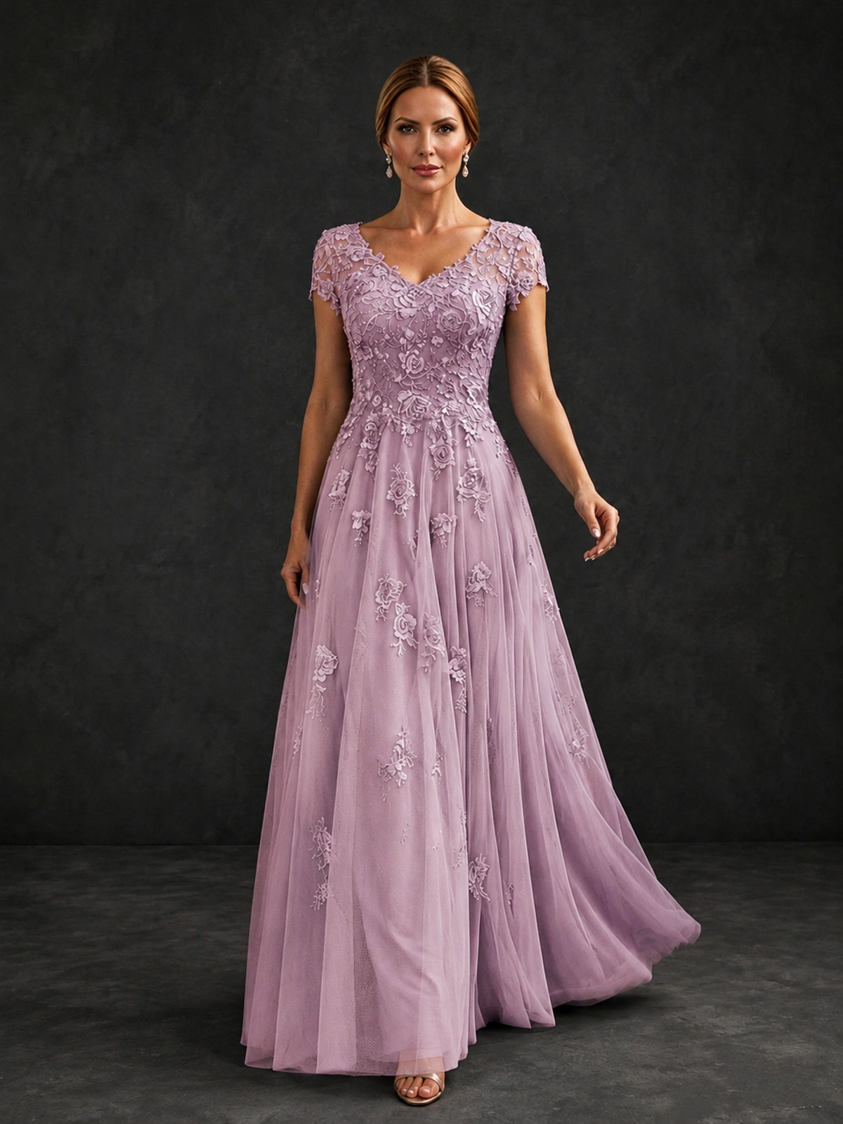 BOLODOO Dusty Purple Cap Sleeve Lace Appliqué A-Line Formal Gown | Mother of the Bride Dress - Dusty Purple - Dusty Purple_4
