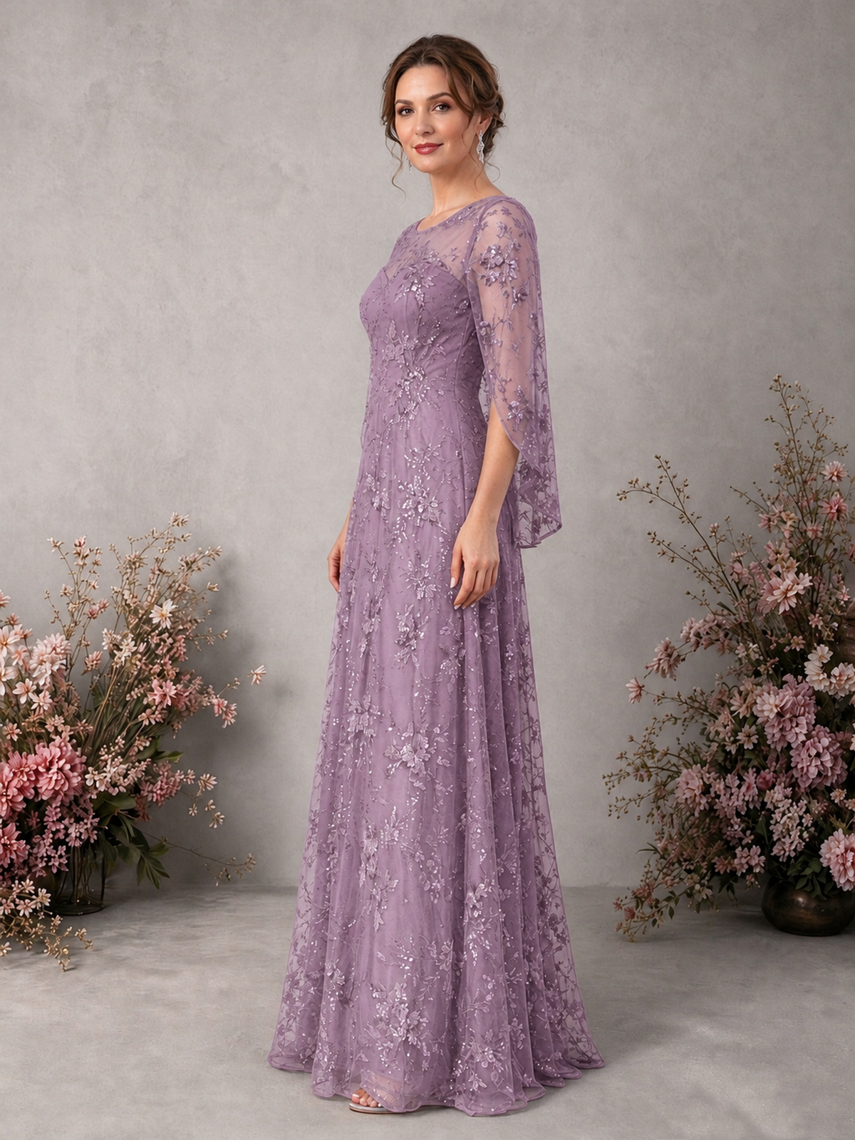 BOLODOO Dusty Purple Sequin Lace Cape Sleeve Formal Evening Gown - Dusty Purple - Dusty Purple_4