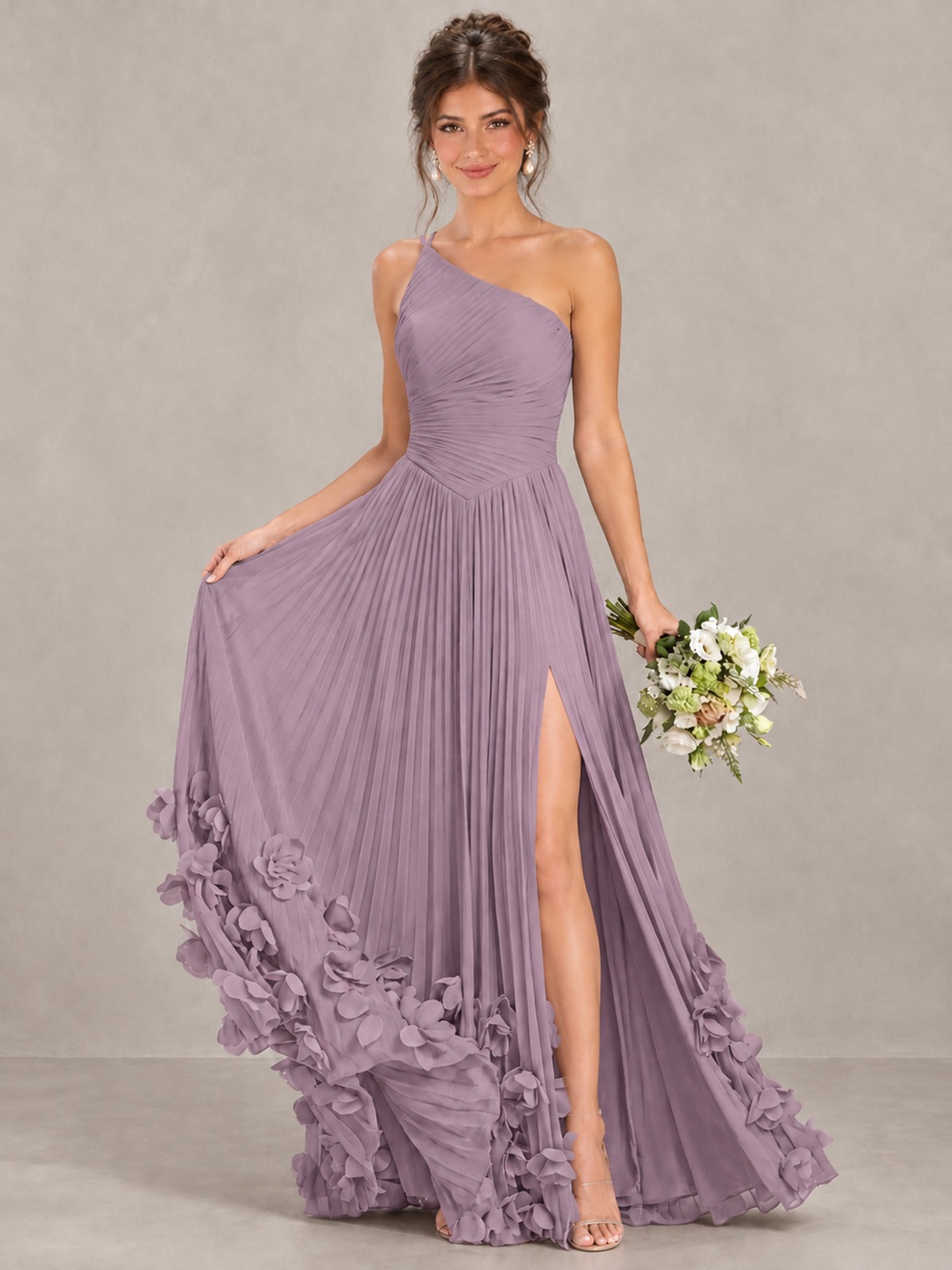 BOLODOO Dusty Purple One-Shoulder Pleated Bridesmaid Dress with 3D Floral Hem - Dusty Purple - Dusty Purple_4