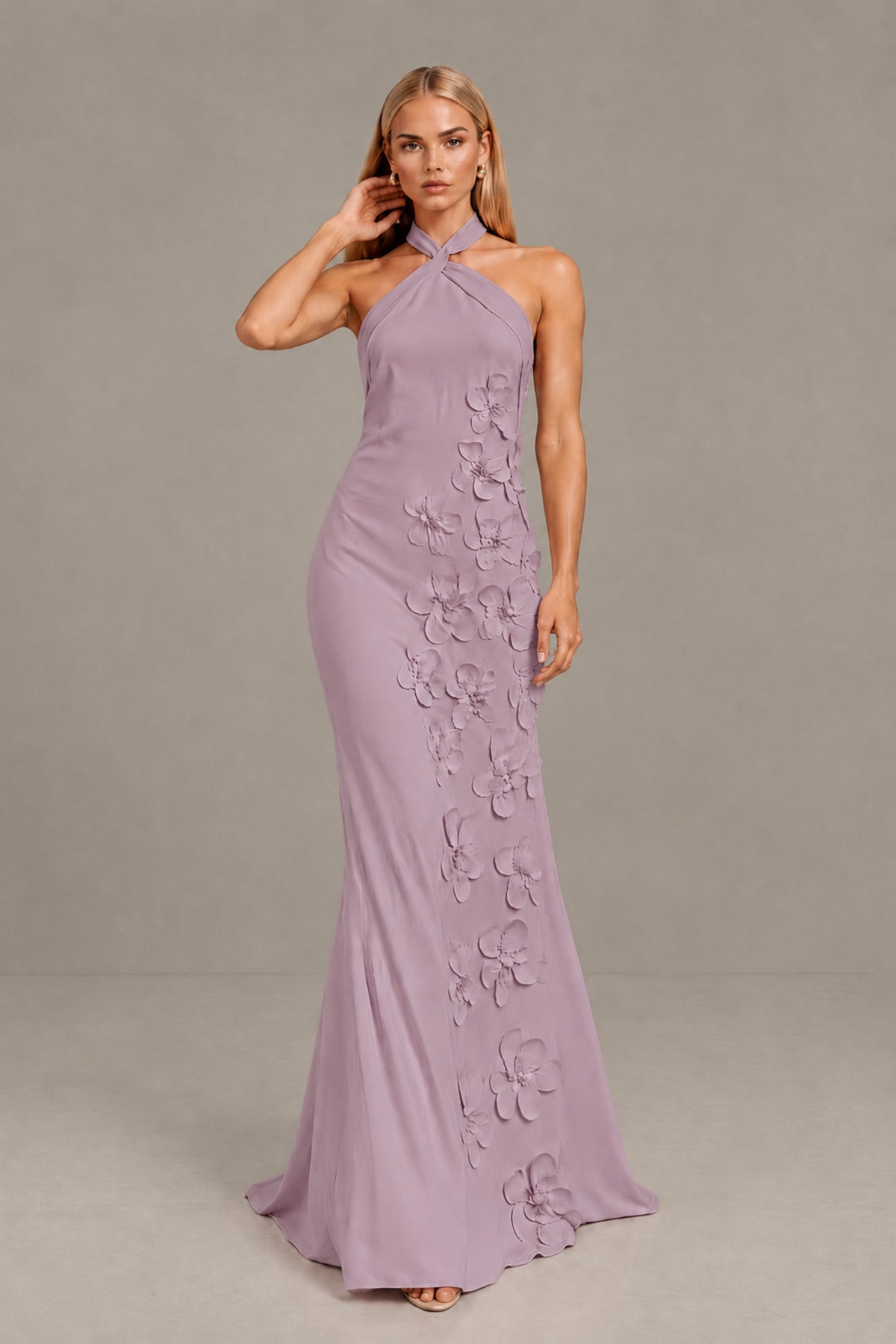 BOLODOO Dusty Purple Cross Halter Neck 3D Floral Appliqué Backless Mermaid Maxi Gown - Dusty Purple - Dusty_Purple_4