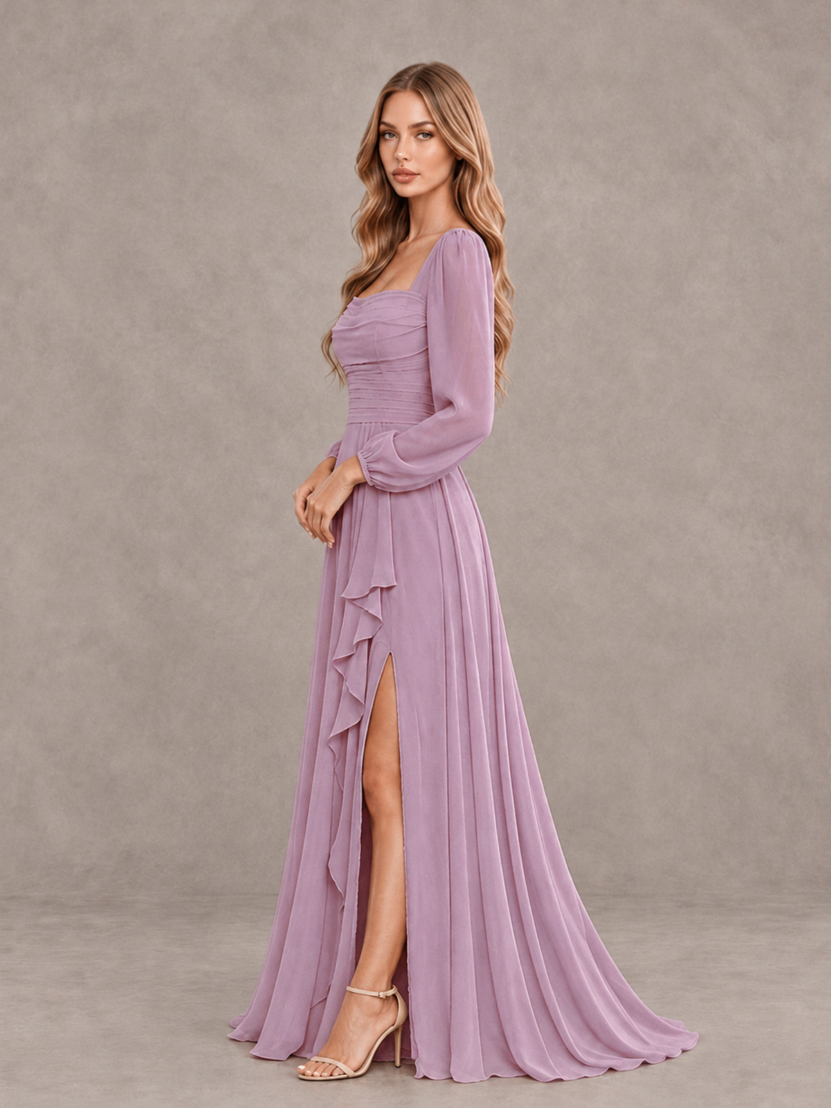 BOLODOO Dusty Purple Square Neck Long Sleeve Bridesmaid Dress with Ruffle Slit - Dusty Purple - Dusty Purple_4