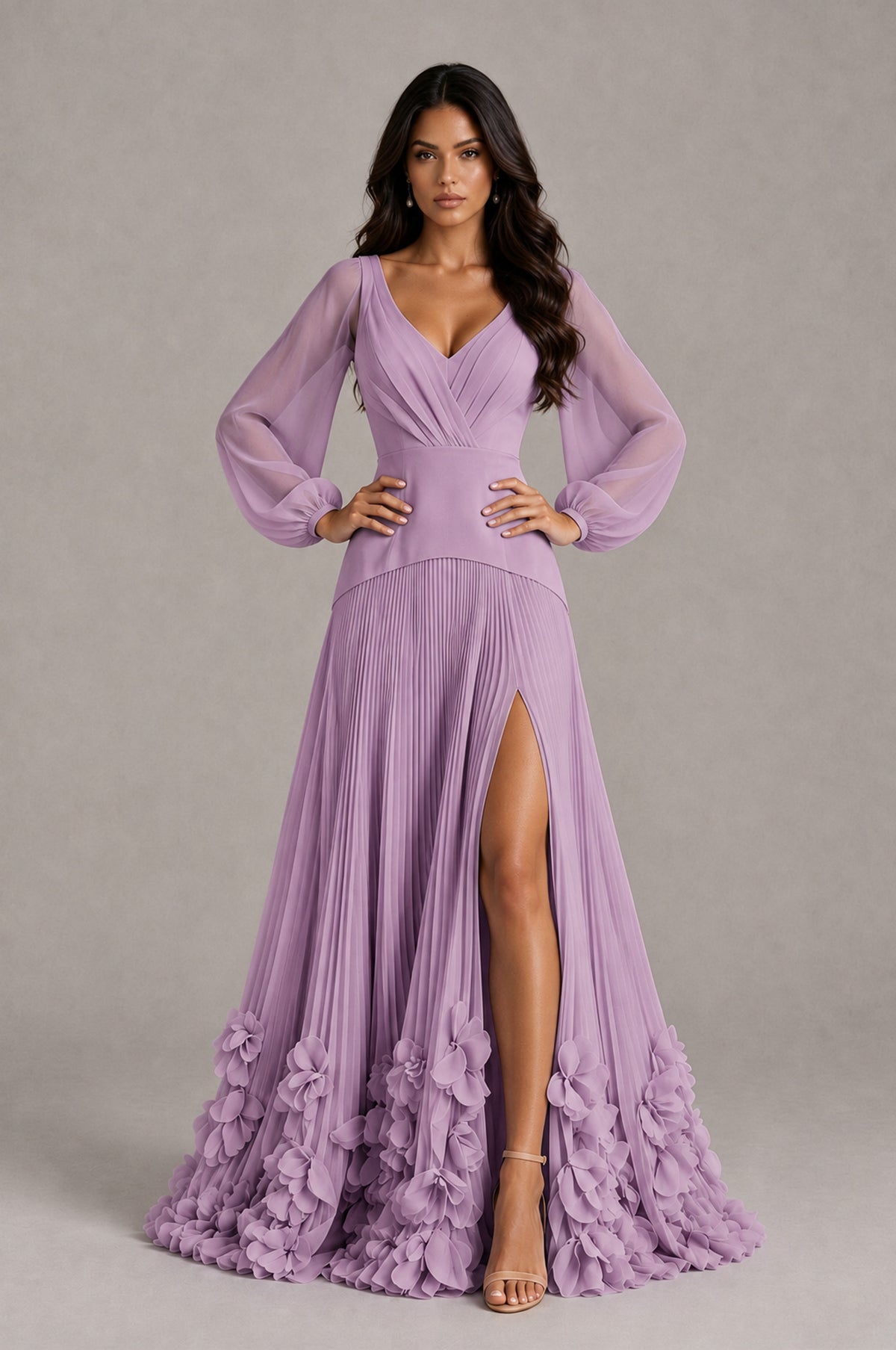 BOLODOO Dusty Purple V-Neck Long Sleeve Pleated Floral Hem Evening Dress - Dusty Purple - Dusty Purple_4