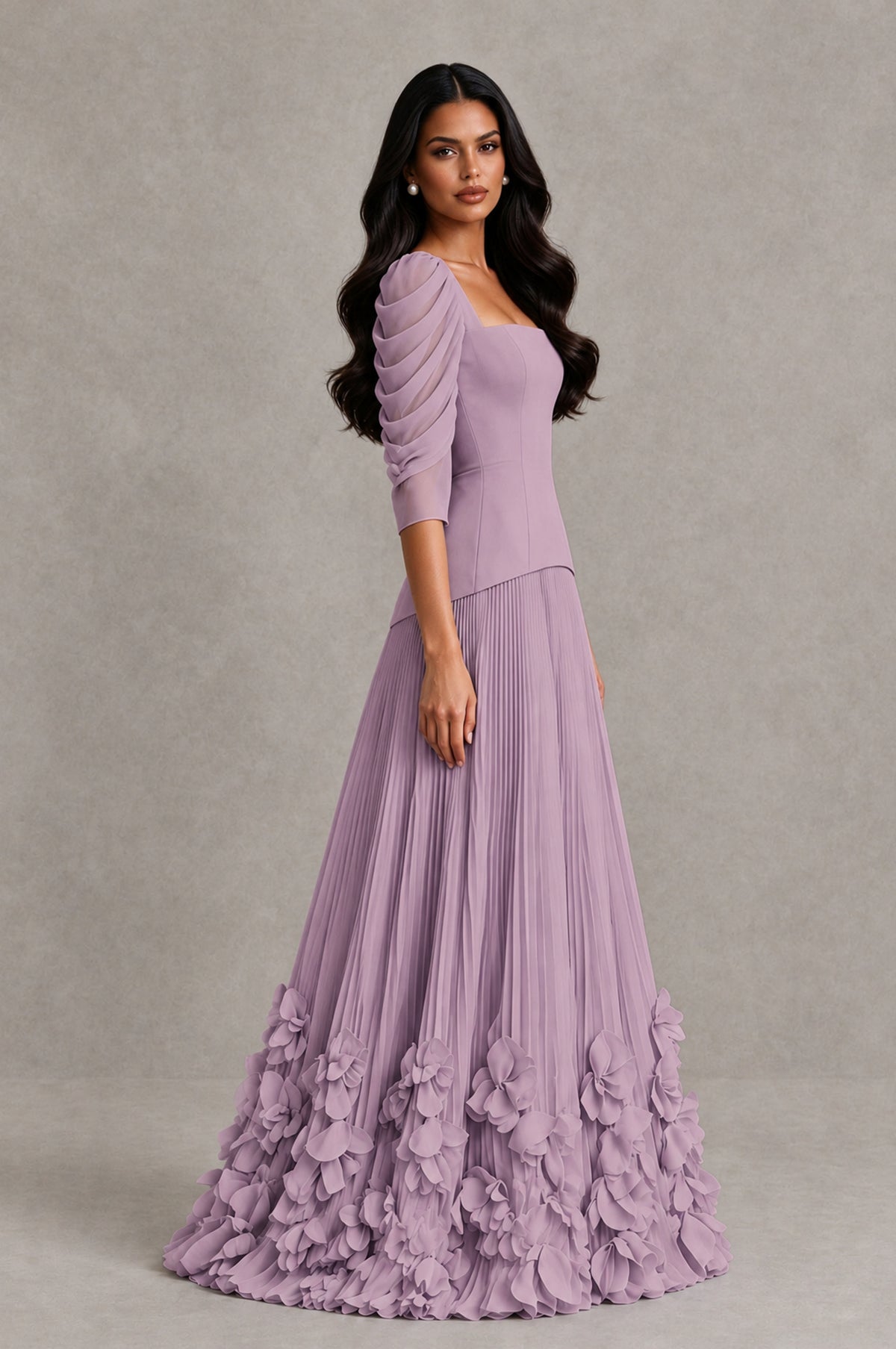 BOLODOO Dusty Purple Square Neck Pleated Floral Applique Evening Dress - Dusty Purple - Dusty Purple_4