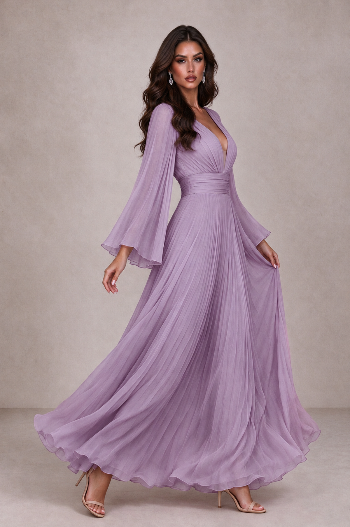 BOLODOO Dusty Purple Pleated Deep V-Neck Long Bell Sleeve Evening Dress - Dusty Purple - Dusty_Purple_4