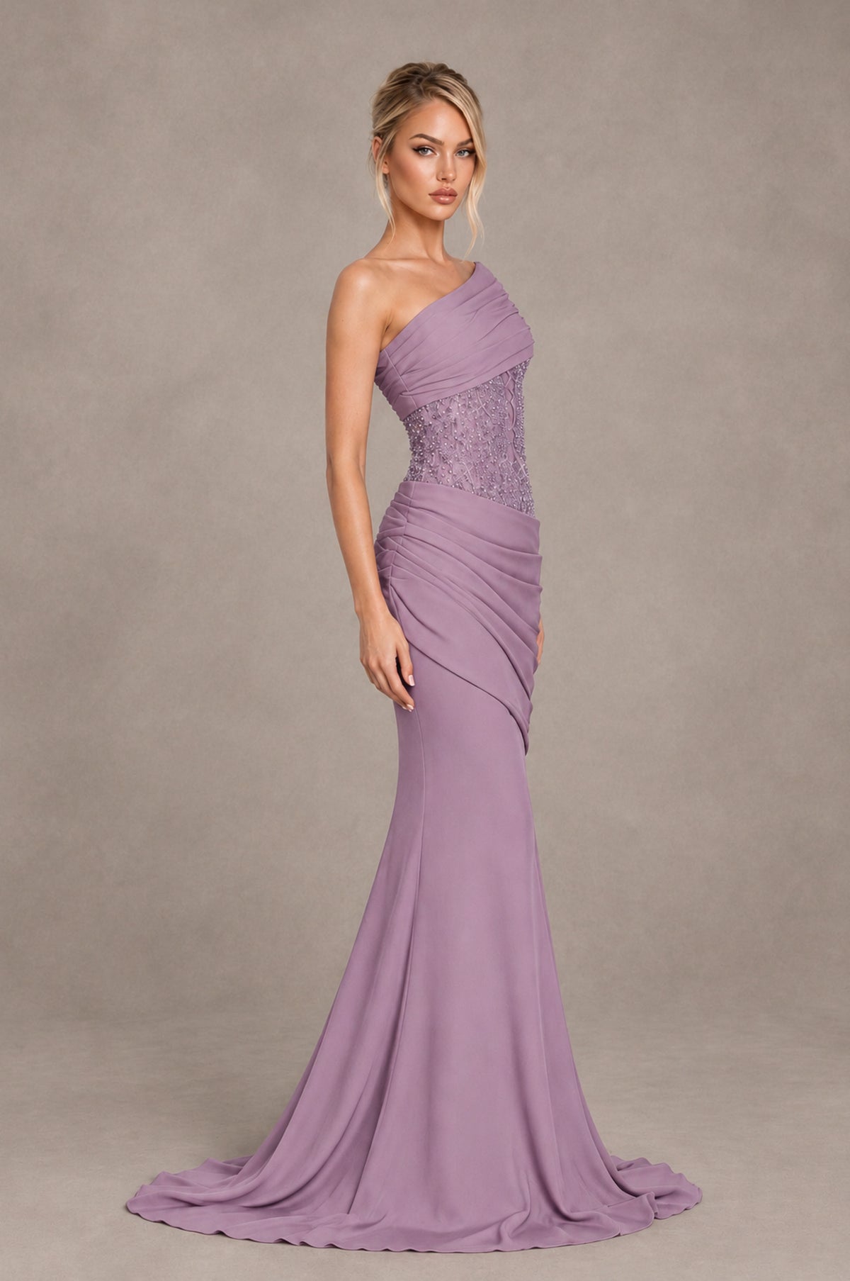 BOLODOO Dusty Purple One-Shoulder Sequin Embroidered Ruched Mermaid Gown with Train - Dusty Purple - Dusty Purple_4