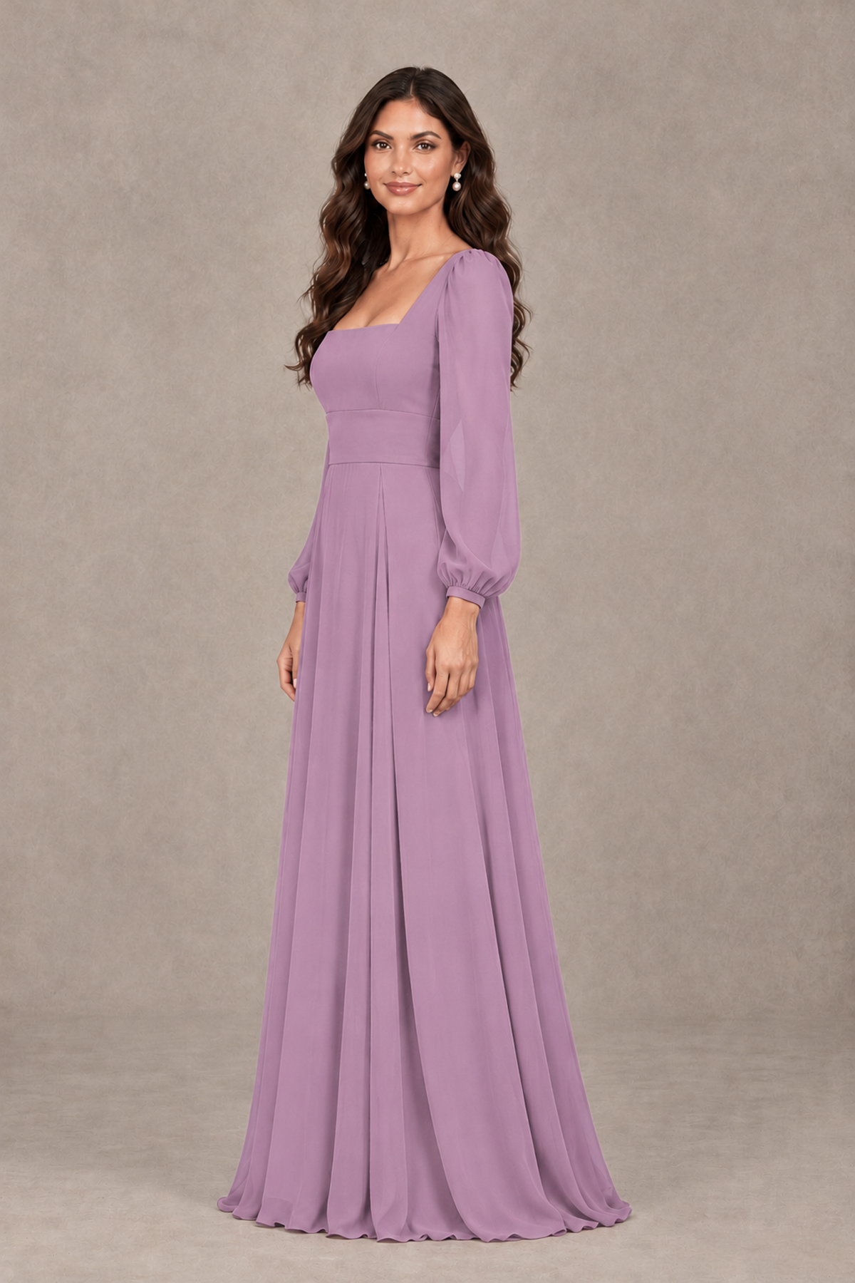 BOLODOO Dusty Purple Square Neck Long Sleeve A-Line Bridesmaid Dress - Dusty Purple - Dusty Purple_4