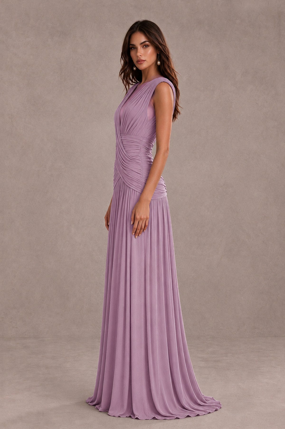 BOLODOO Dusty Purple V-Neck Ruched Wedding Guest Dress - Dusty Purple - Dusty Purple_4